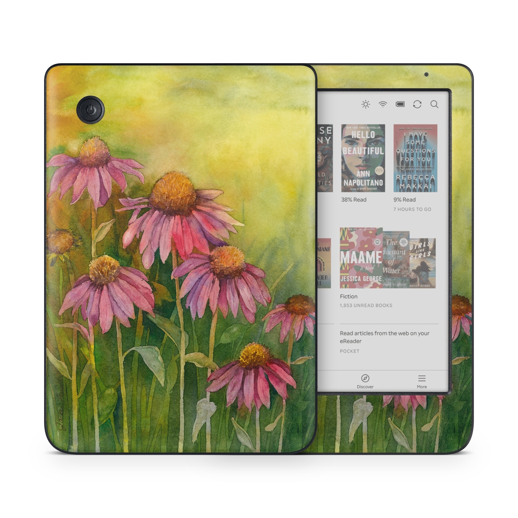 Kobo Clara Colour Skin design of Flowering plant, Purple coneflower, Coneflower, Flower, Plant, Watercolor paint, Wildflower, black-eyed susan, Petal, Daisy family, with black, green, red, gray, purple colors