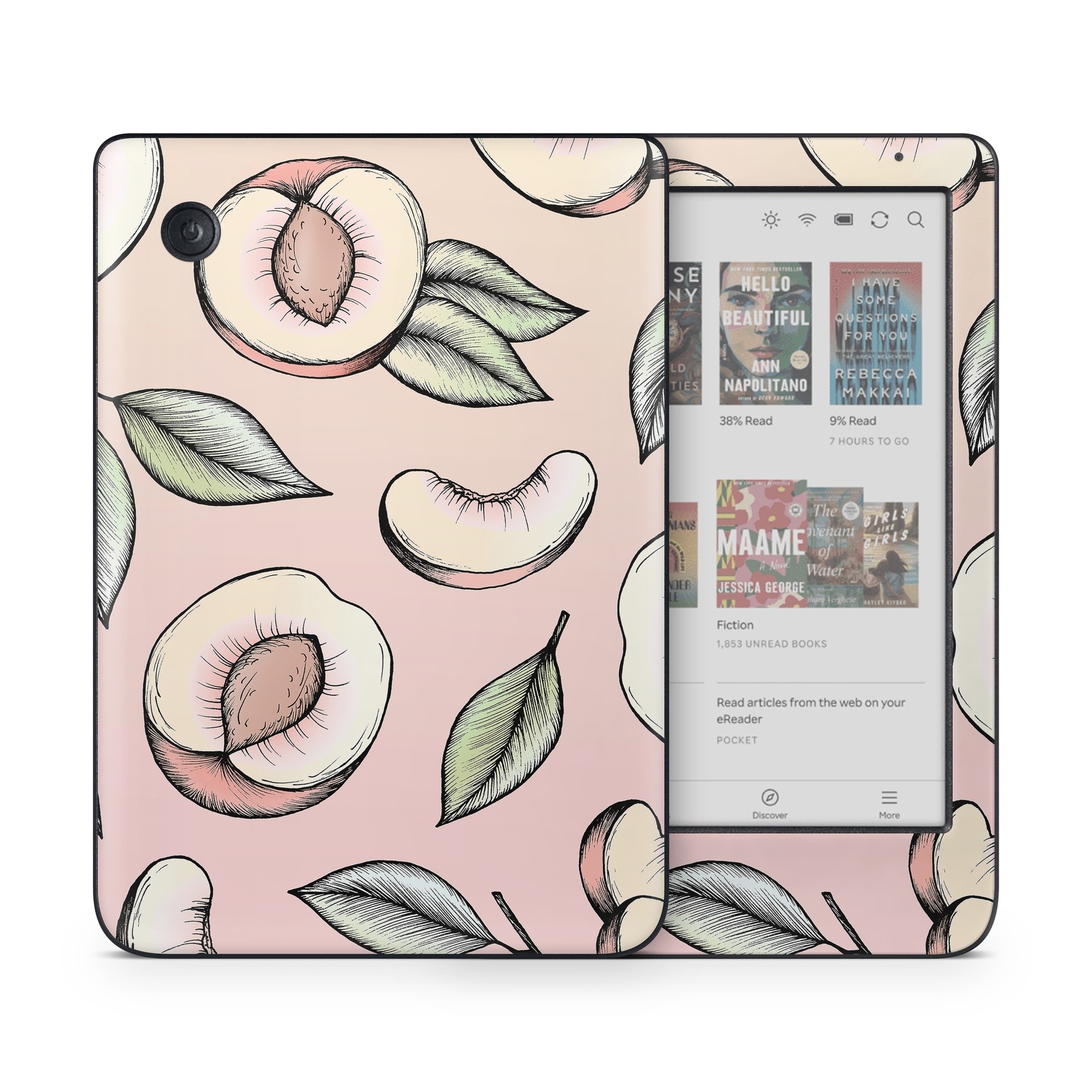Kobo Clara Colour Skin design of Pattern, Leaf, Botany, Organism, Design, Plant, Illustration, Clip art, with pink, green, yellow, orange colors