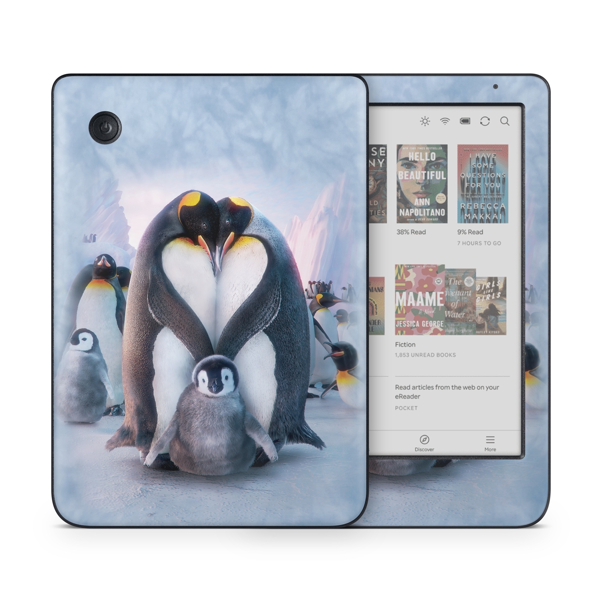 Kobo Clara Colour Skin design of Bird, Vertebrate, Flightless bird, Penguin, Gentoo penguin, Emperor penguin, King penguin, Beak, Wildlife, Arctic, with gray, black, blue, purple colors