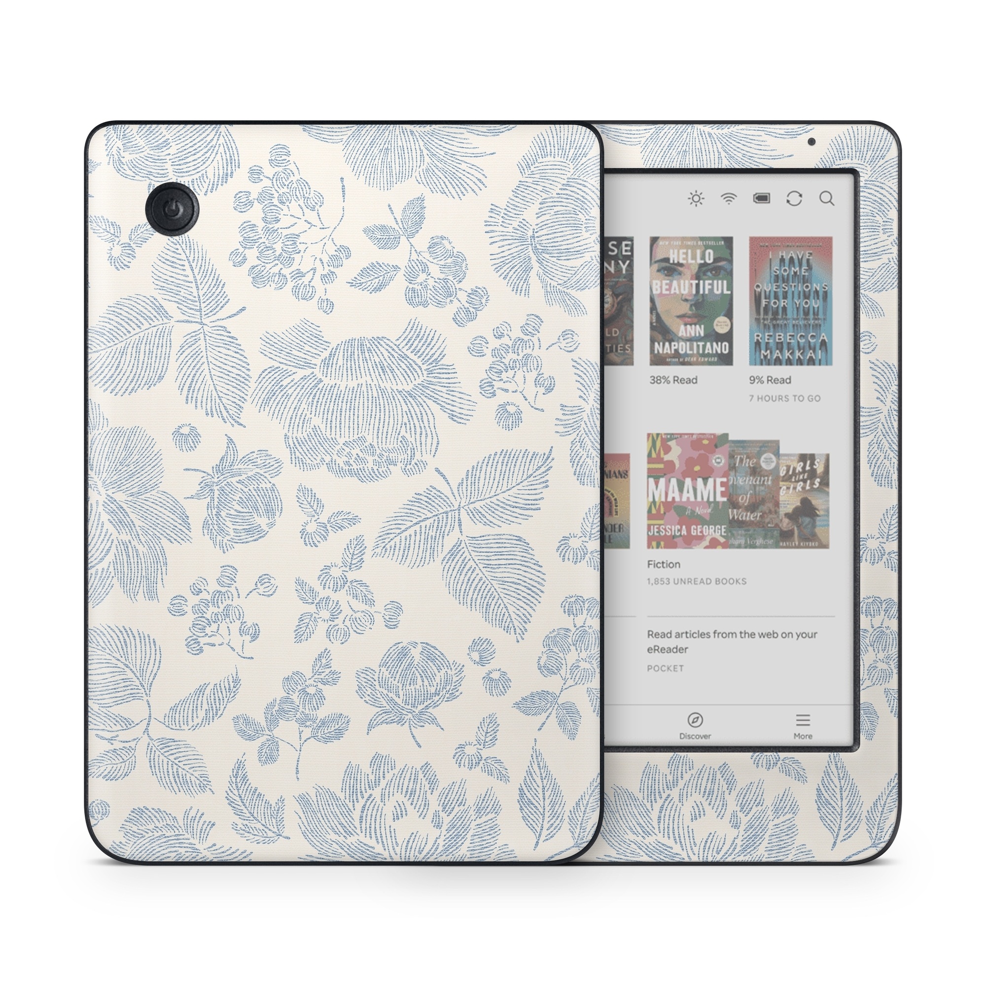 Kobo Clara Colour Skin design of White, Botany, Leaf, Textile, Branch, Organism, Art, Aqua, Line, Rectangle, with white, blue colors