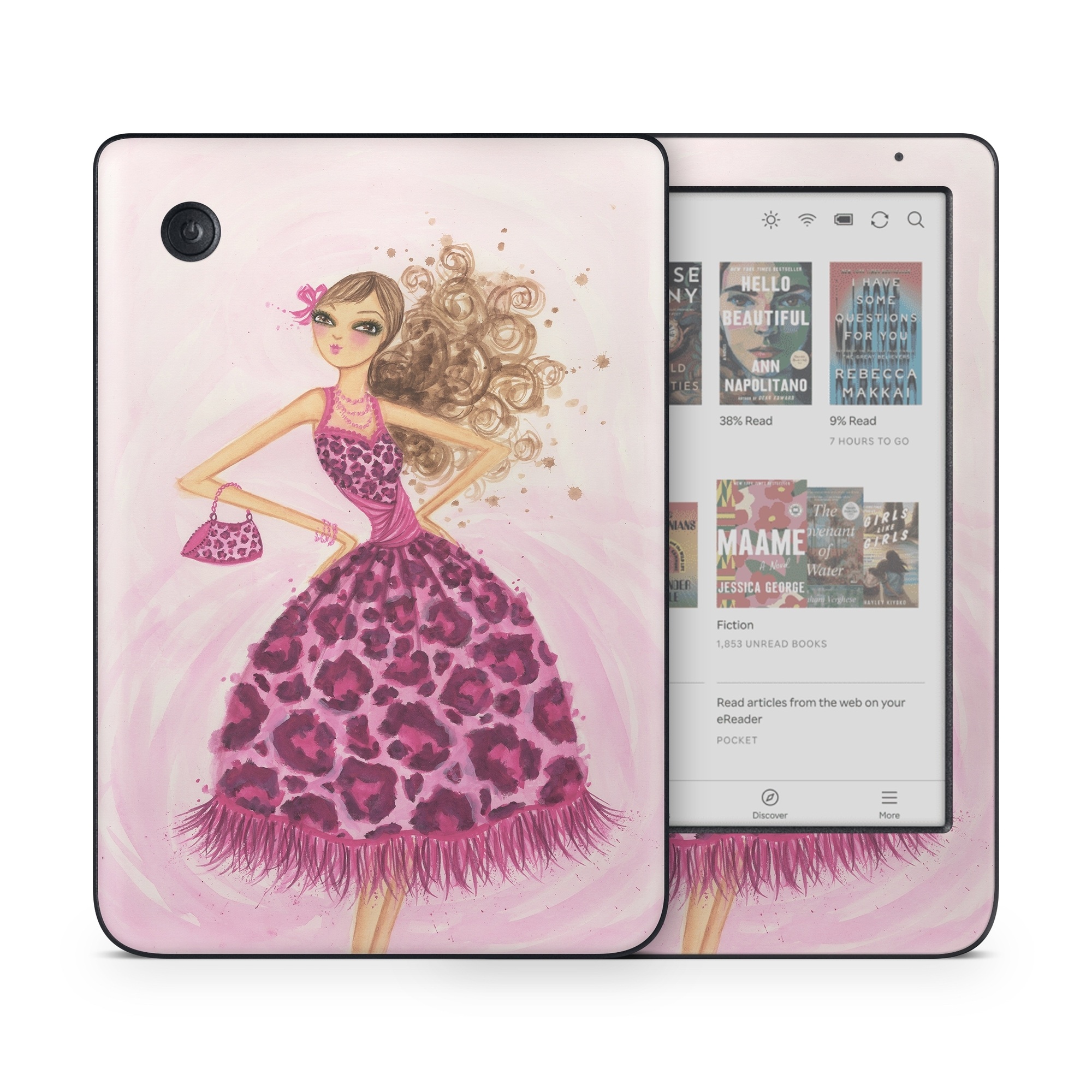 Kobo Clara Colour Skin design of Pink, Doll, Dress, Fashion illustration, Barbie, Fashion design, Illustration, Gown, Costume design, Toy, with pink, gray, red, purple, green colors