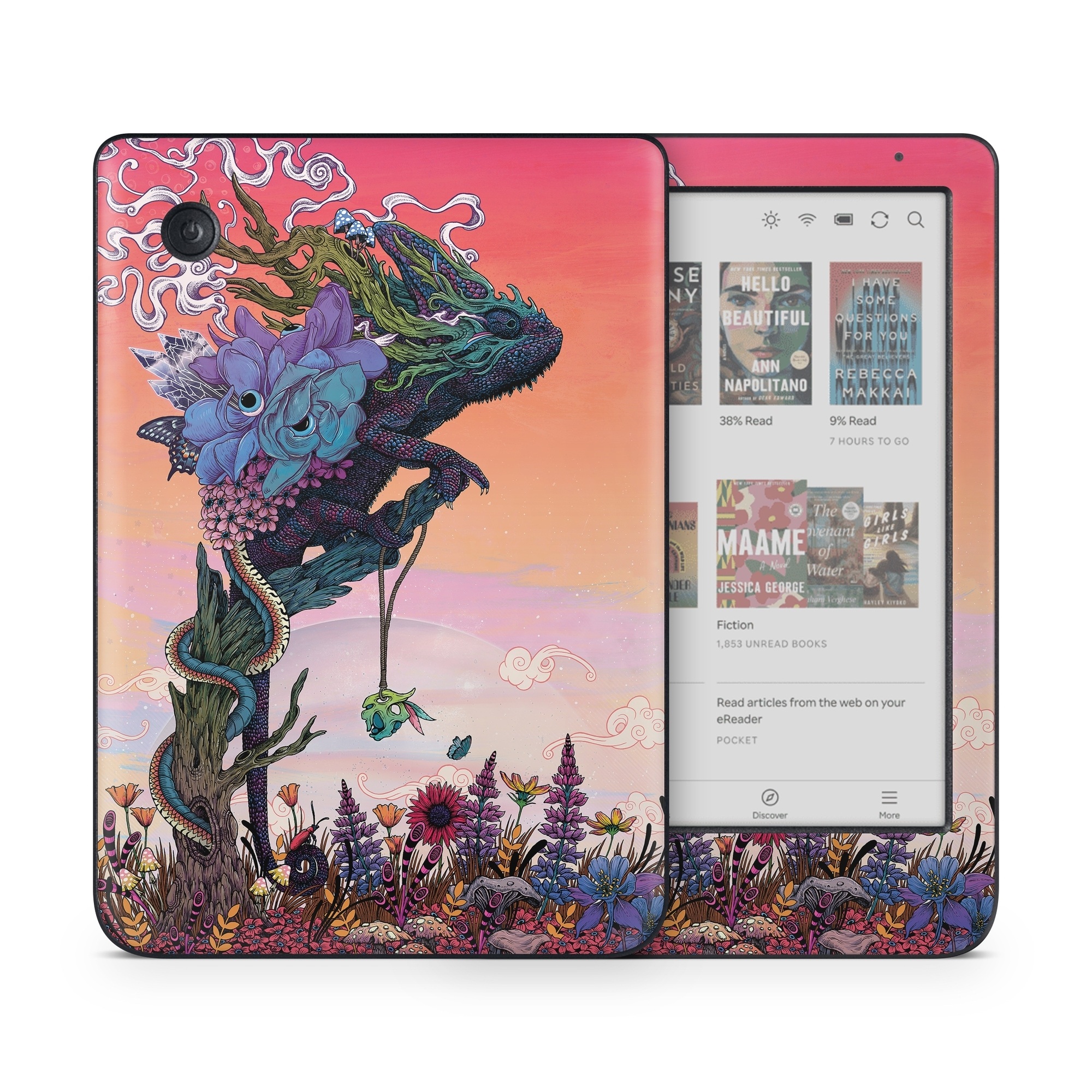 Kobo Clara Colour Skin design of Illustration, Fictional character, Fiction, Art, Organism, Plant, Tree, Graphic design, Cg artwork, with red, orange, green, purple, white, blue, brown colors