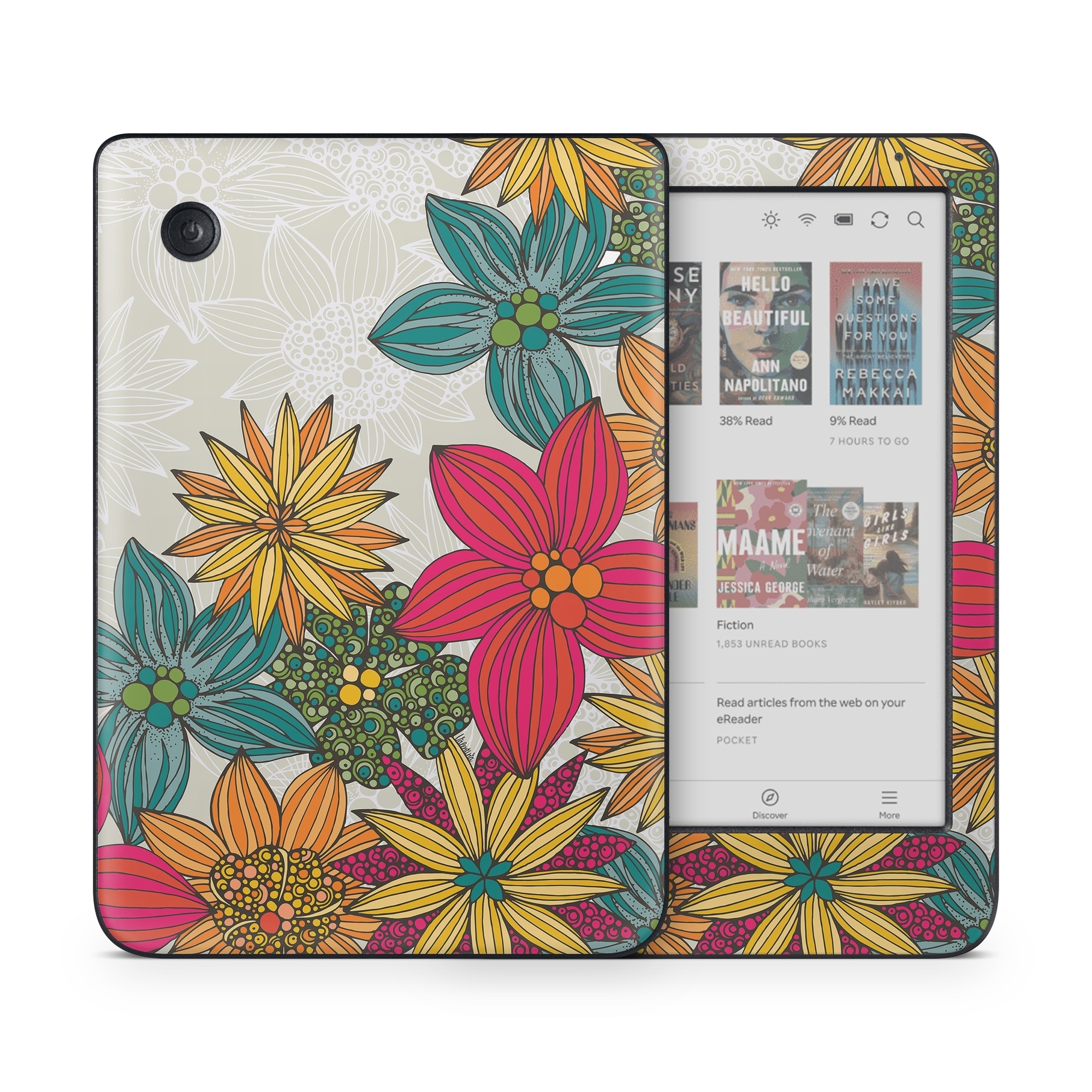 Kobo Clara Colour Skin design of Floral design, Pattern, Flower, Wildflower, Plant, Botany, Leaf, Design, Textile, Visual arts, with blue, yellow, red, green, orange, gray colors