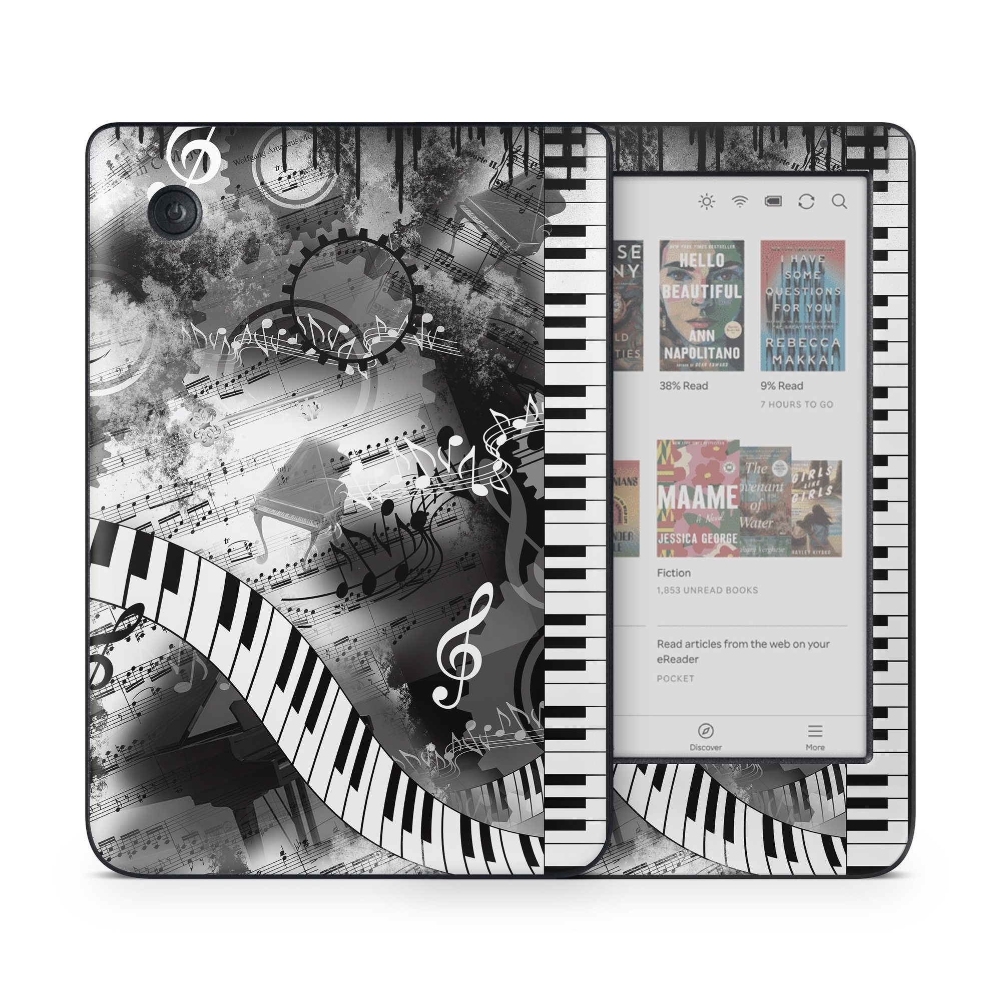 Kobo Clara Colour Skin design of Music, Monochrome, Black-and-white, Illustration, Graphic design, Musical instrument, Technology, Musical keyboard, Piano, Electronic instrument, with black, gray, white colors