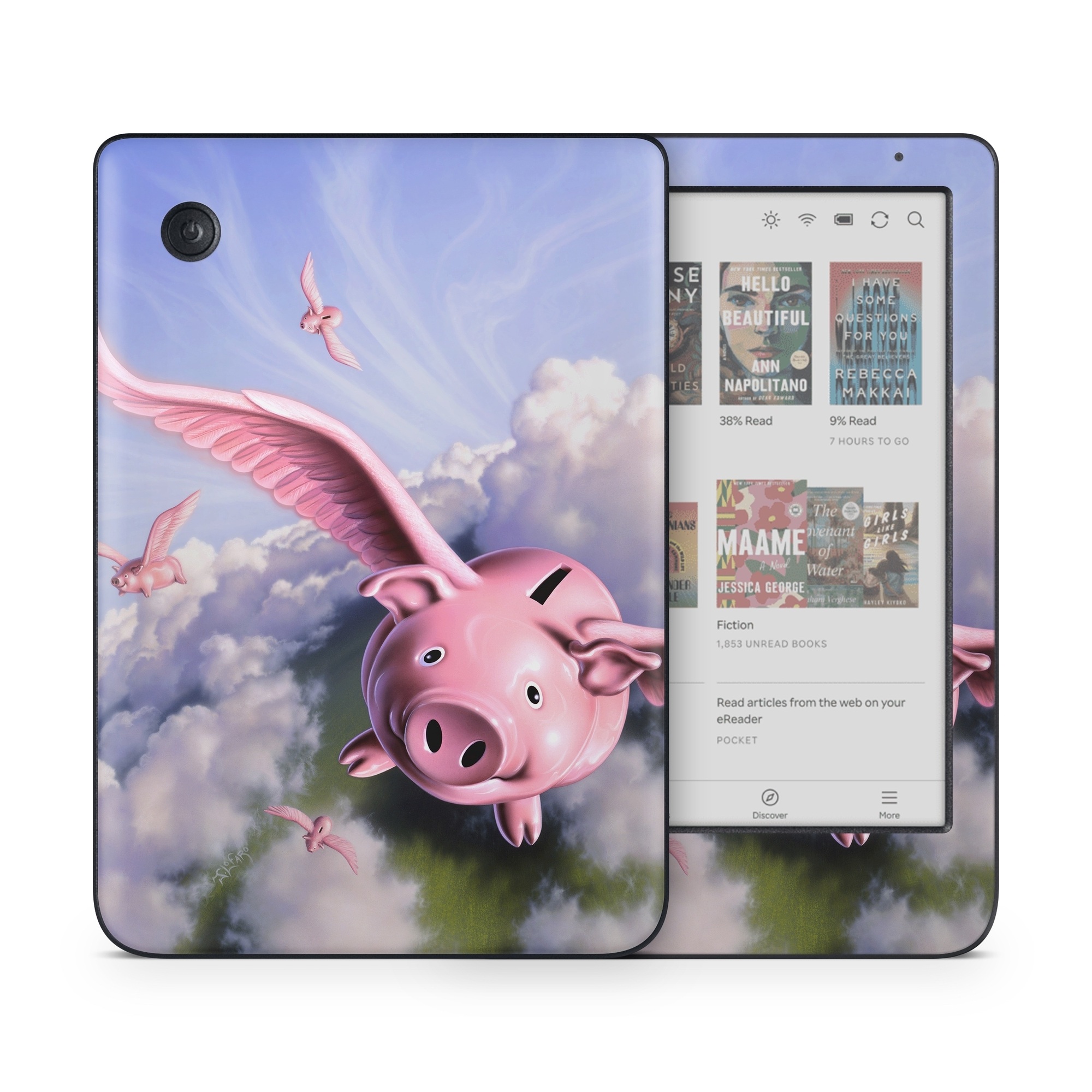 Kobo Clara Colour Skin design of Cloud, Sky, Happy, Pink, Bird, Art, Wing, Snout, Wind, Fictional character, with pink, white, blue, gray, green colors