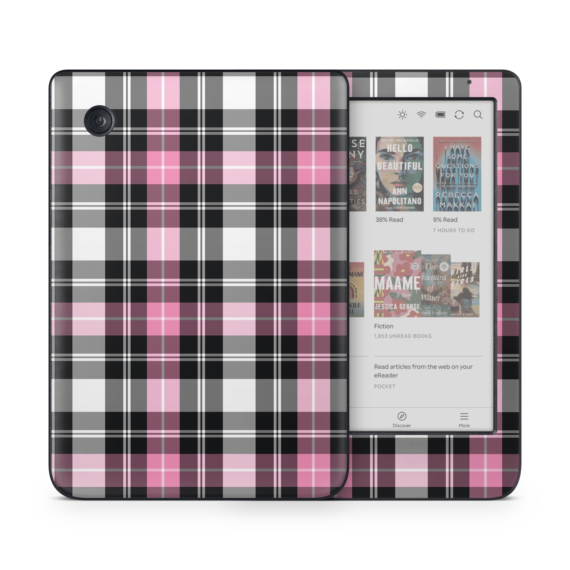 Kobo Clara Colour Skin design of Plaid, Tartan, Pattern, Pink, Purple, Violet, Line, Textile, Magenta, Design, with black, gray, pink, red, white, purple colors