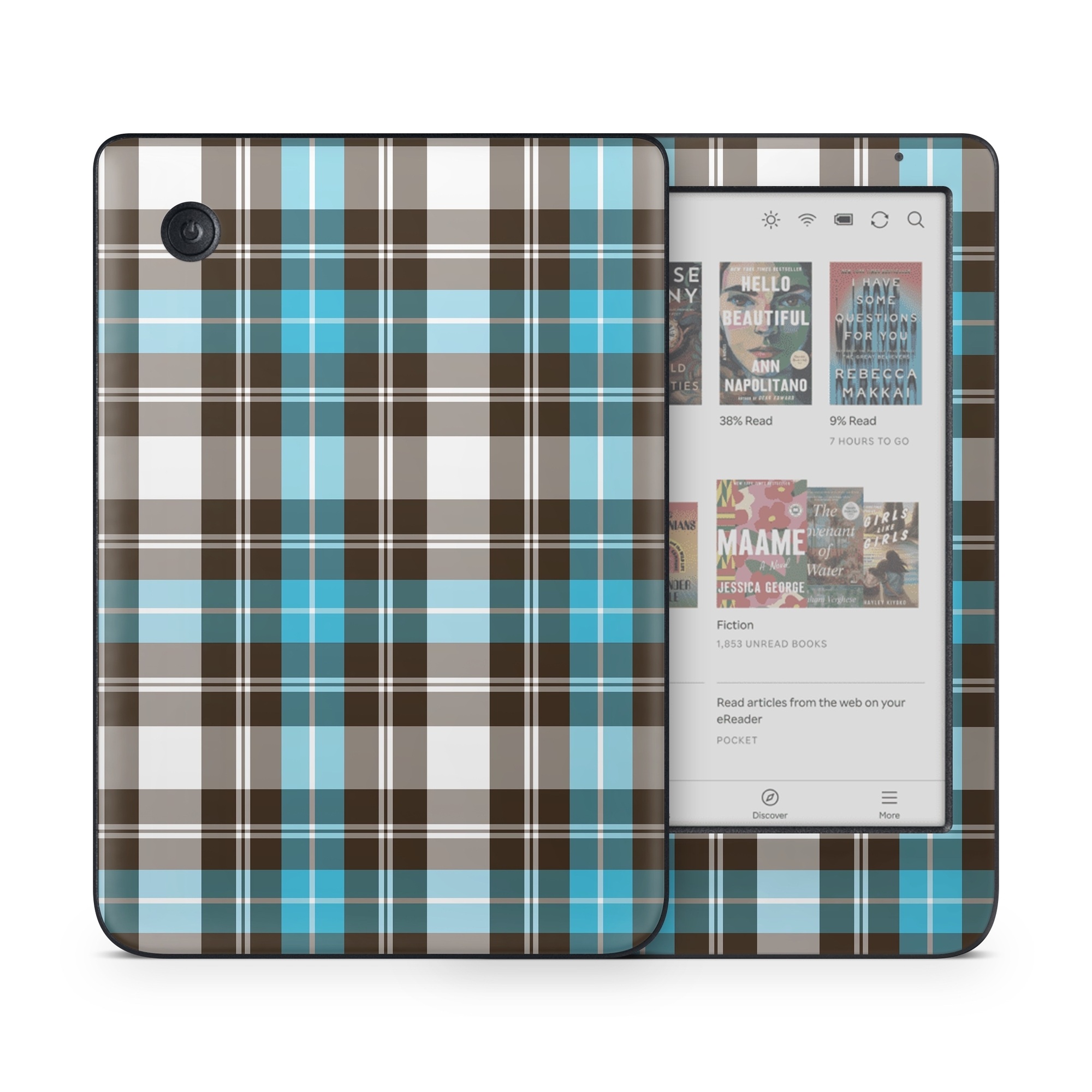 Kobo Clara Colour Skin design of Plaid, Pattern, Tartan, Turquoise, Textile, Design, Brown, Line, Tints and shades, with gray, black, blue, white colors