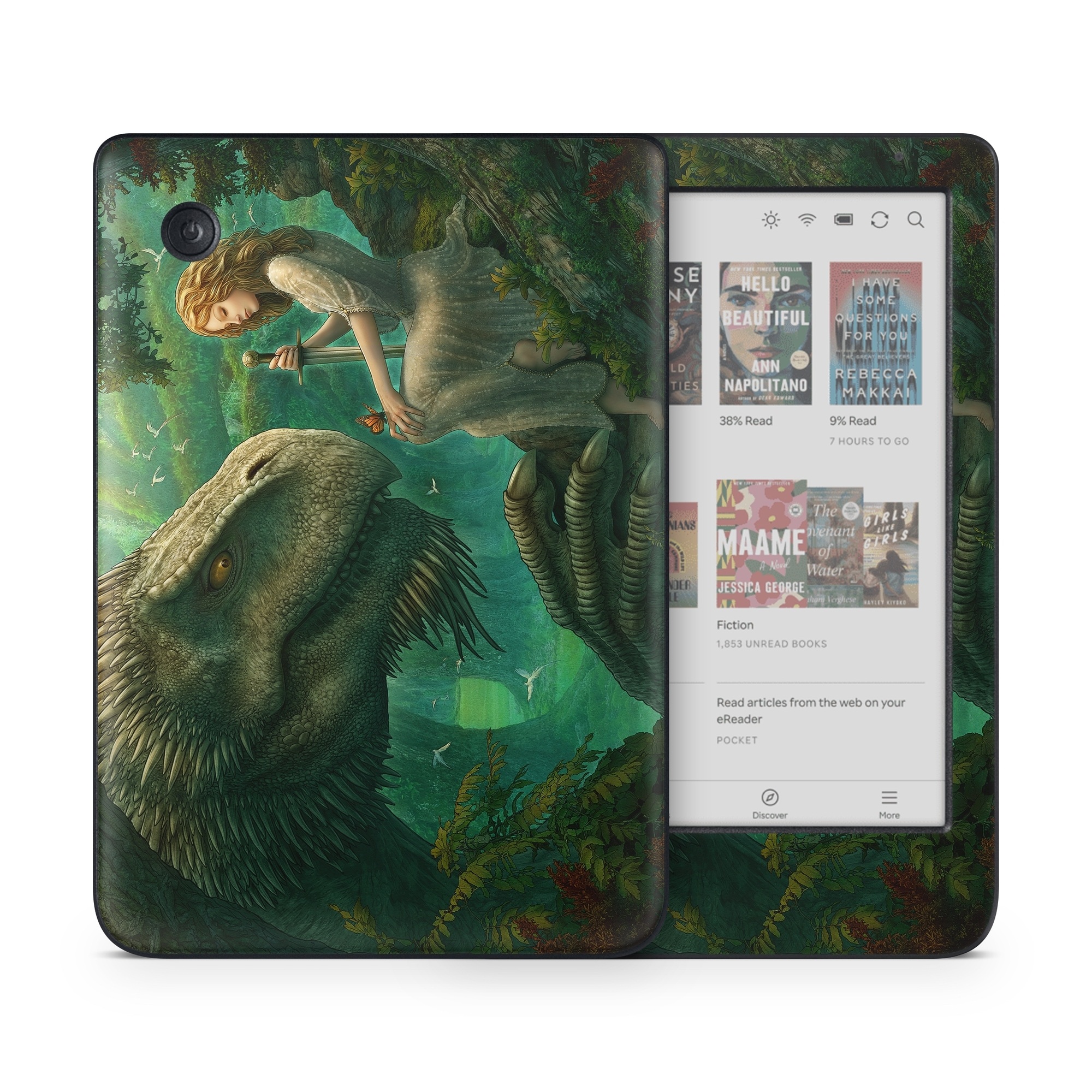 Kobo Clara Colour Skin design of Dinosaur, Cg artwork, Mythology, Fictional character, Troodon, Extinction, Velociraptor, Illustration, Animated cartoon, Tyrannosaurus, with black, green, gray, red colors