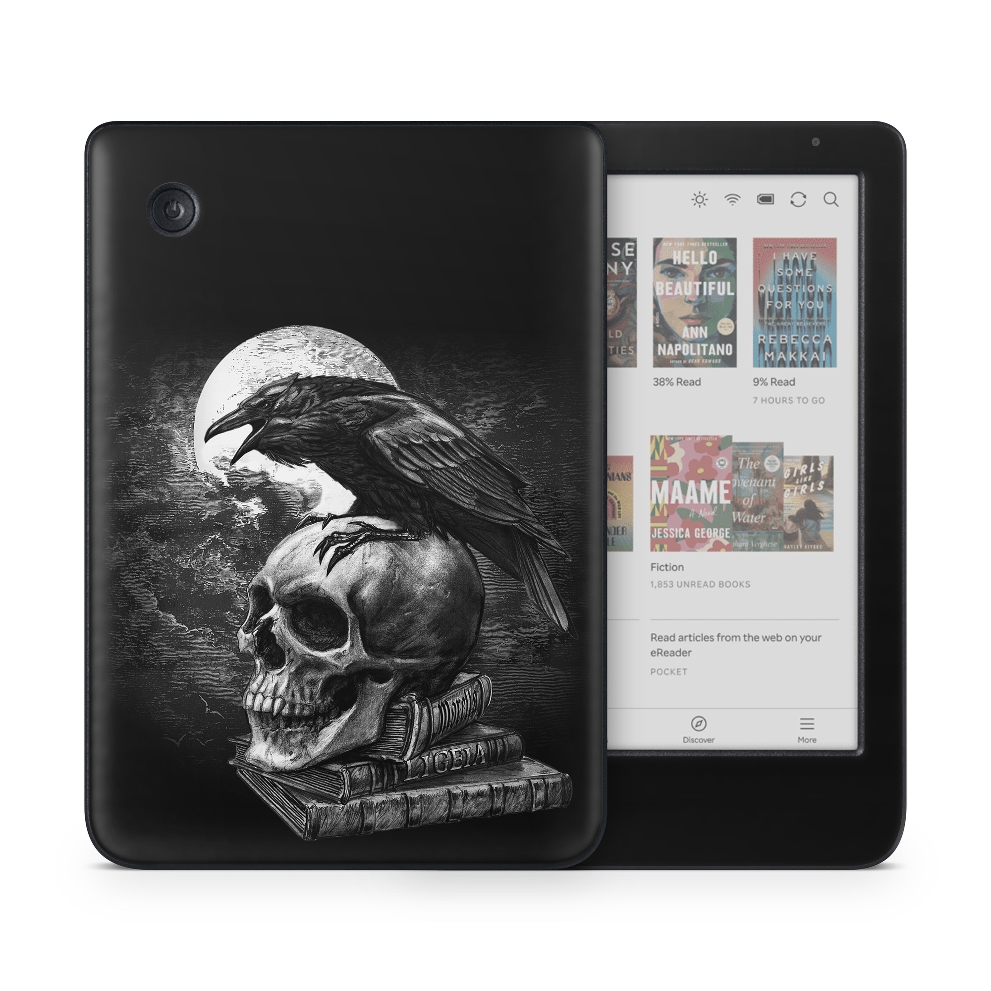 Kobo Clara Colour Skin design of Bone, Skull, Bird, Darkness, Monochrome, Wing, Black-and-white, Illustration, Beak, Fictional Character, Drawing, Symbol, with black, white, gray colors