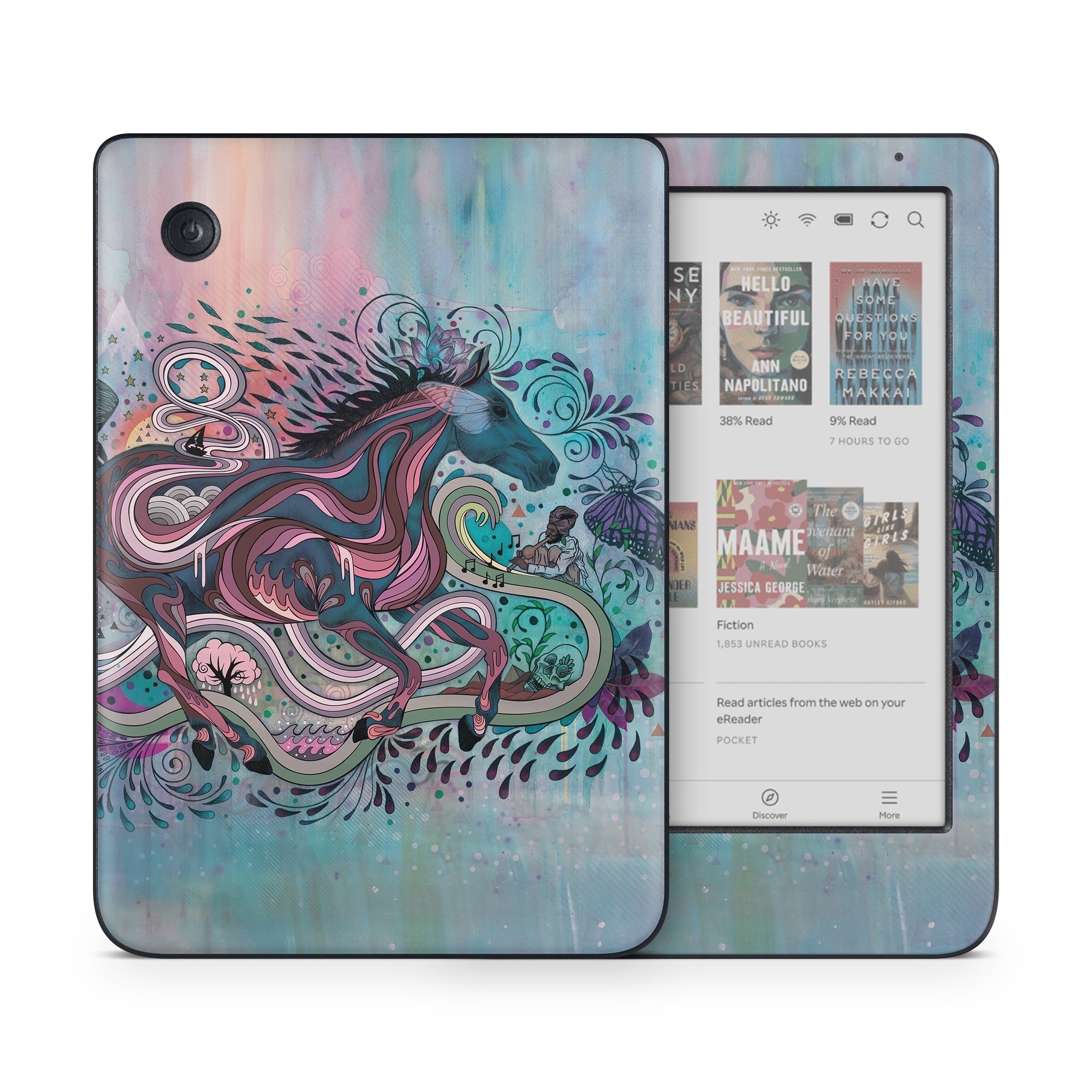 Kobo Clara Colour Skin design of Illustration, Art, Visual arts, Graphic design, Fictional character, Psychedelic art, Pattern, Drawing, Painting, Mythology, with gray, black, blue, red, purple colors
