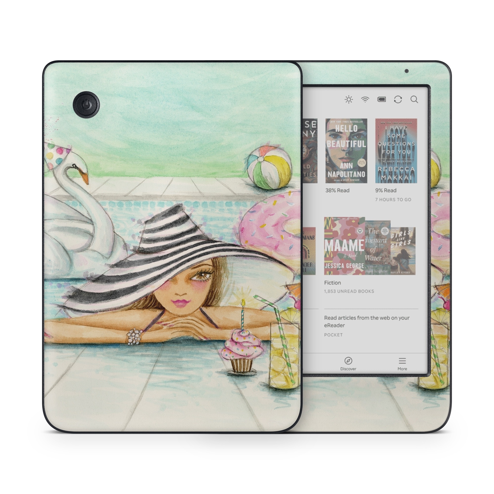 Kobo Clara Colour Skin design of Watercolor paint, Illustration, Cartoon, Art, Painting, Drawing, Fictional character, with blue, pink, white, black, brown, red, green, yellow colors