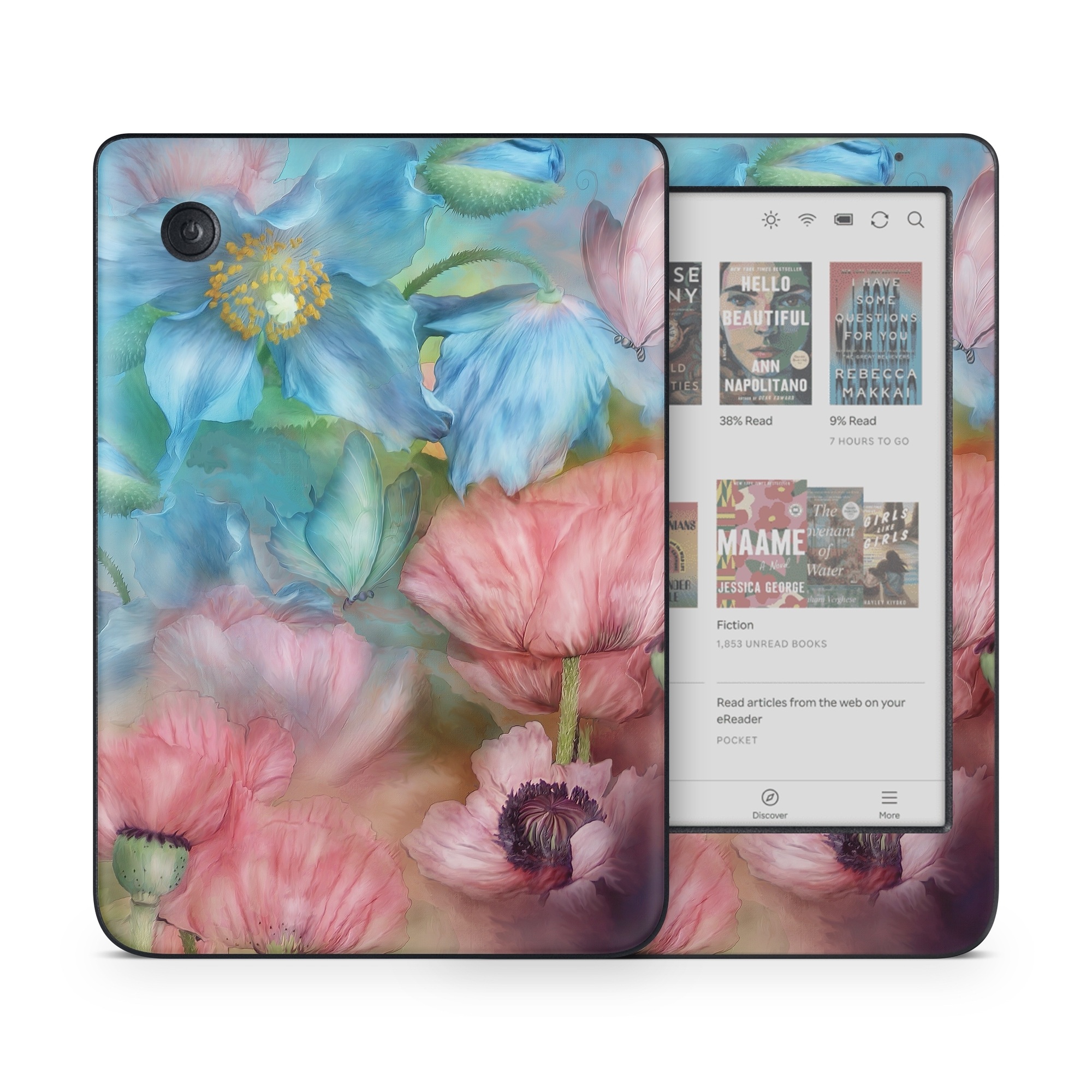 Kobo Clara Colour Skin design of Flower, Petal, Watercolor paint, Painting, Plant, Flowering plant, Pink, Botany, Wildflower, Still life, with gray, blue, black, red, green colors