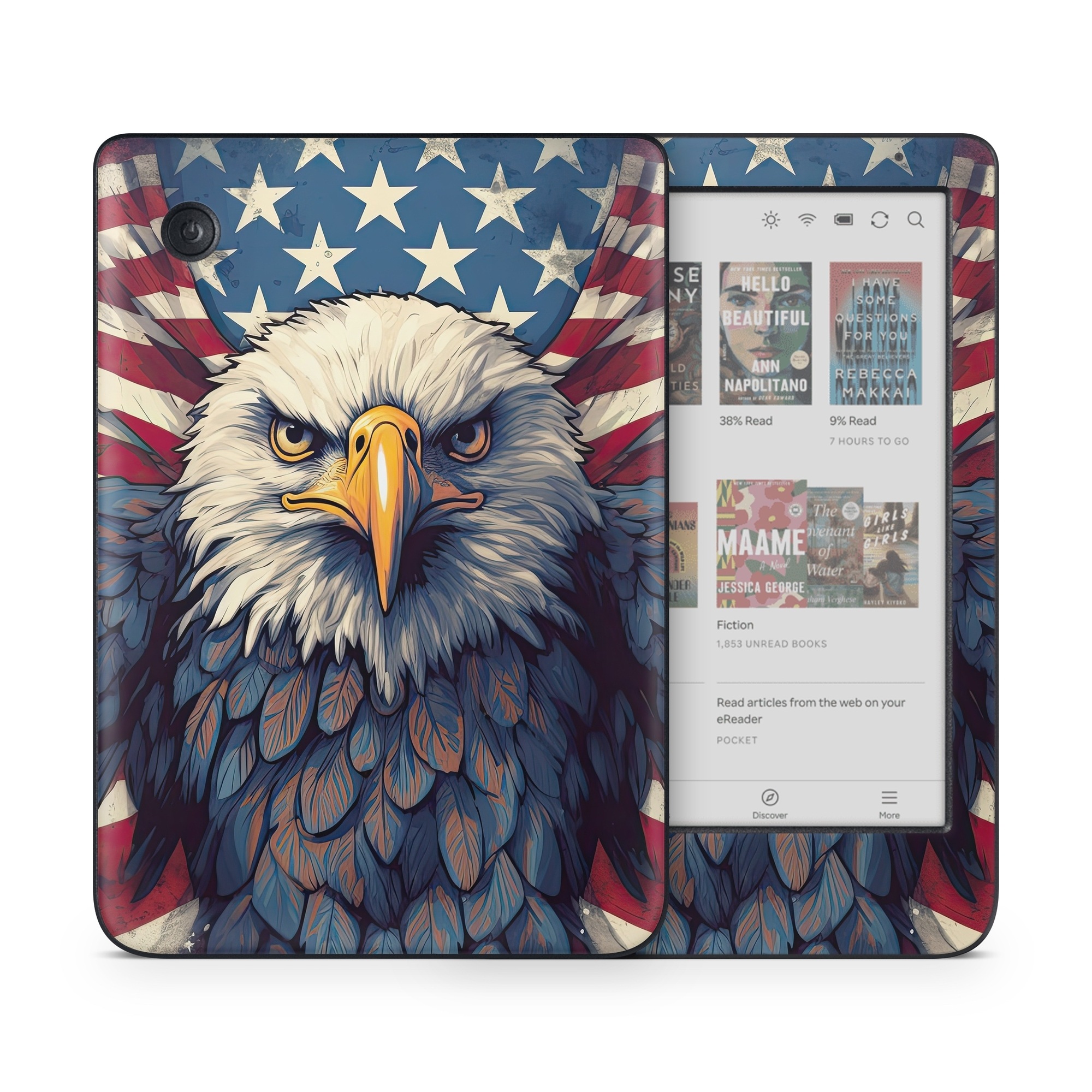 Kobo Clara Colour Skin design of Bird, Accipitridae, Beak, Sea eagle, Falconiformes, Feather, Eagle, Painting, Art, Bald eagle, with red, blue, white, brown, yellow, gray, orange colors