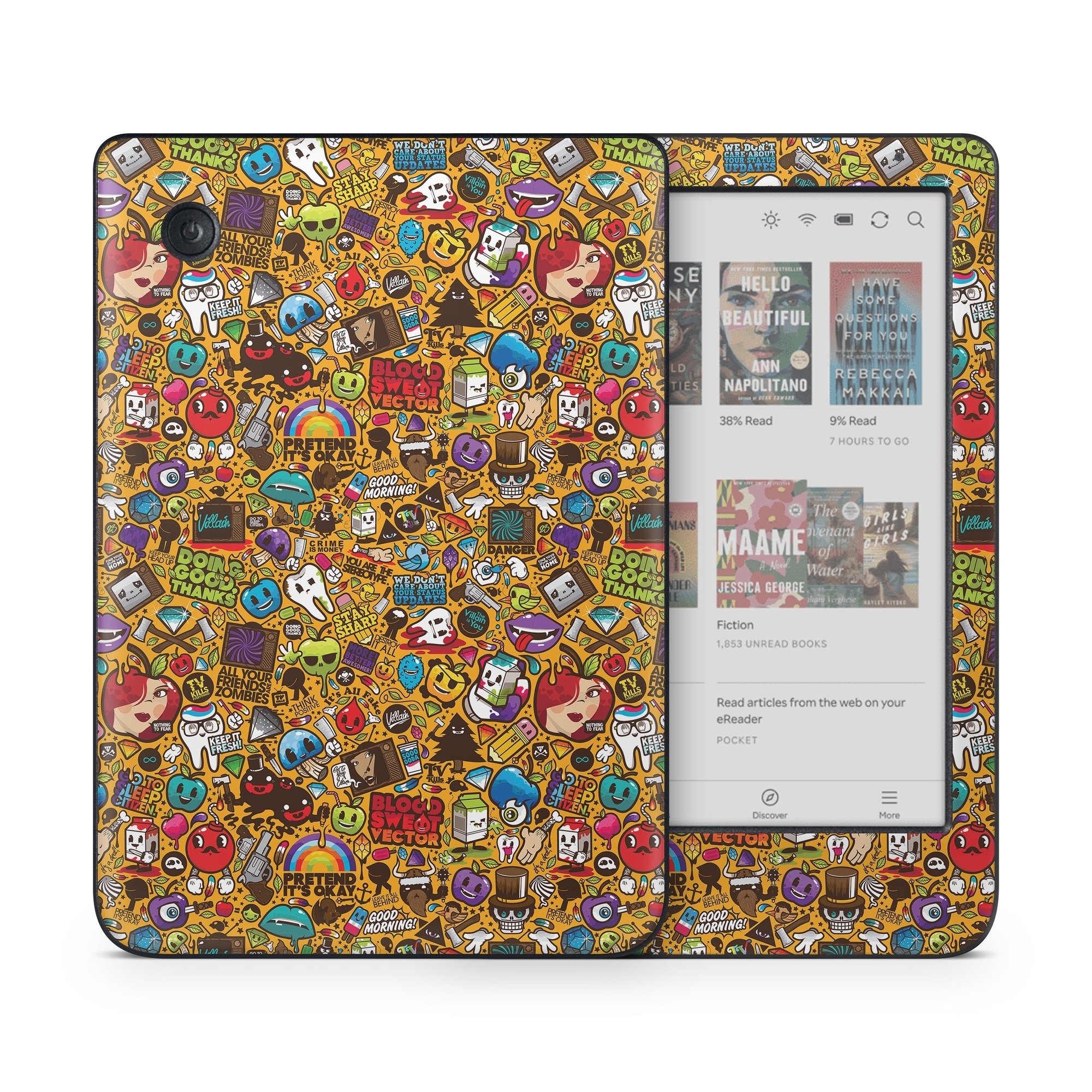 Kobo Clara Colour Skin design of Pattern, Psychedelic art, Visual arts, Art, Design, Illustration, Graphic design, Doodle, with black, green, red, gray, orange, blue colors