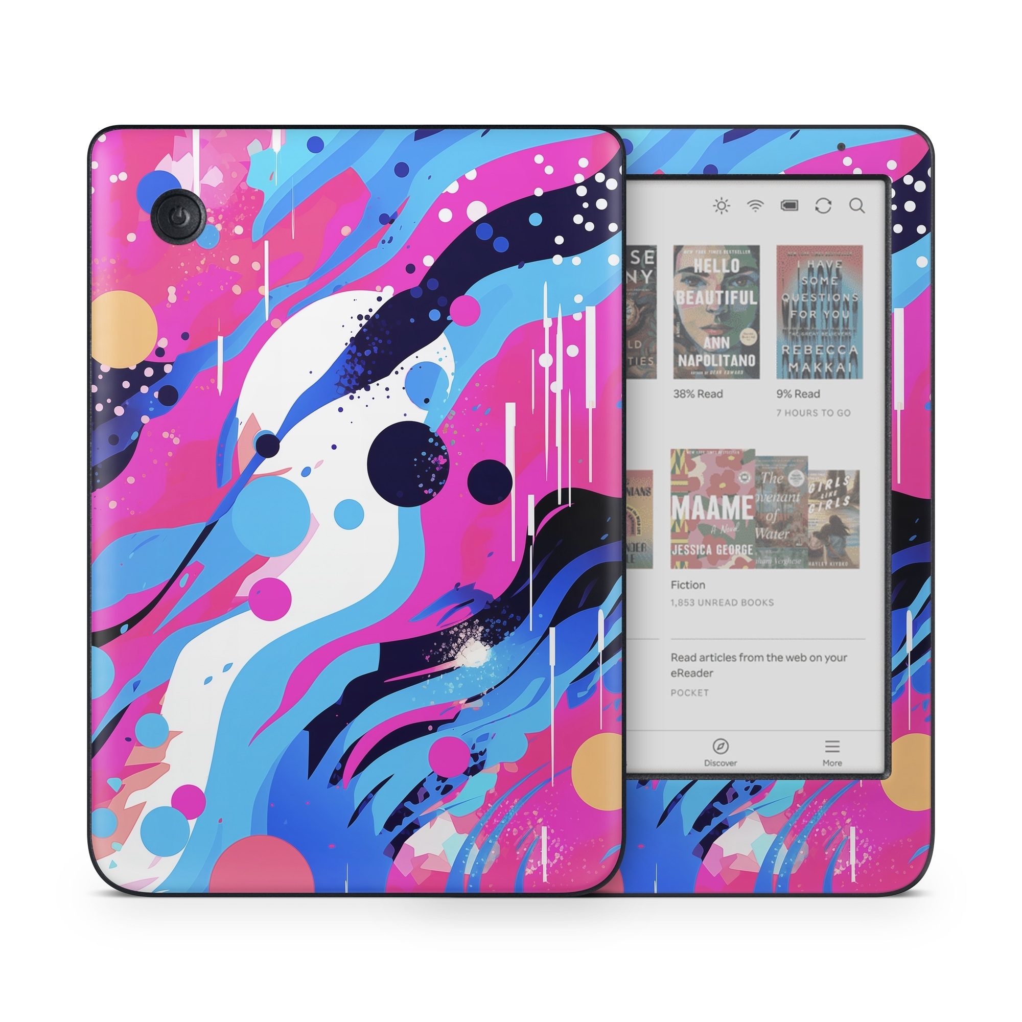 Kobo Clara Colour Skin design of Organism, Art, Line, Font, Magenta, Art paint, Paint, Pattern, Electric blue, Tints and shades, with pink, blue, white, black, orange colors
