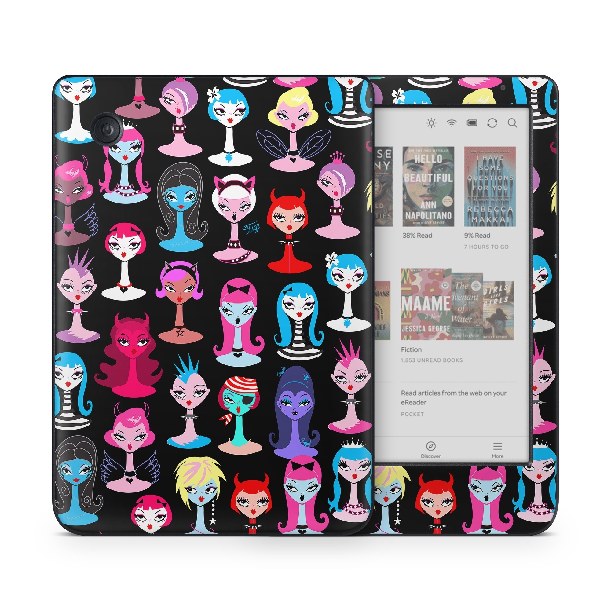 Kobo Clara Colour Skin design of Facial expression, Product, Font, Pink, Red, Magenta, Material property, Pattern, Fictional character, Illustration, with black, pink, blue, brown, red, green, white, yellow colors