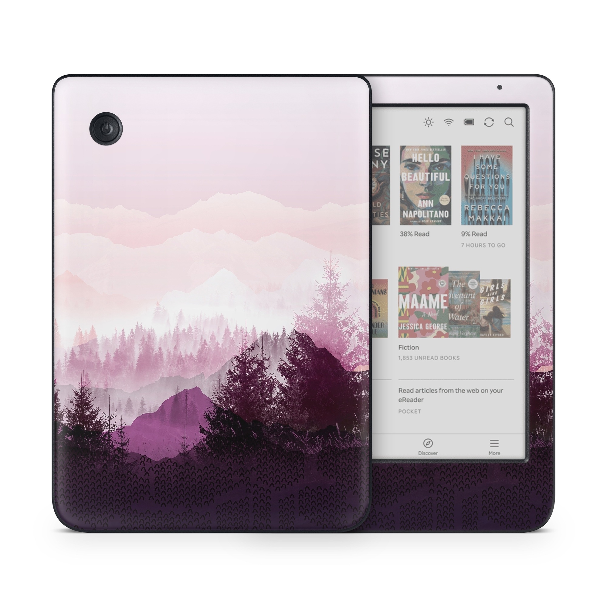 Kobo Clara Colour Skin design of Sky, Purple, Atmospheric phenomenon, Pink, Natural landscape, Violet, Mountain, Tree, Morning, Mountain range, with white, purple, black, pink colors