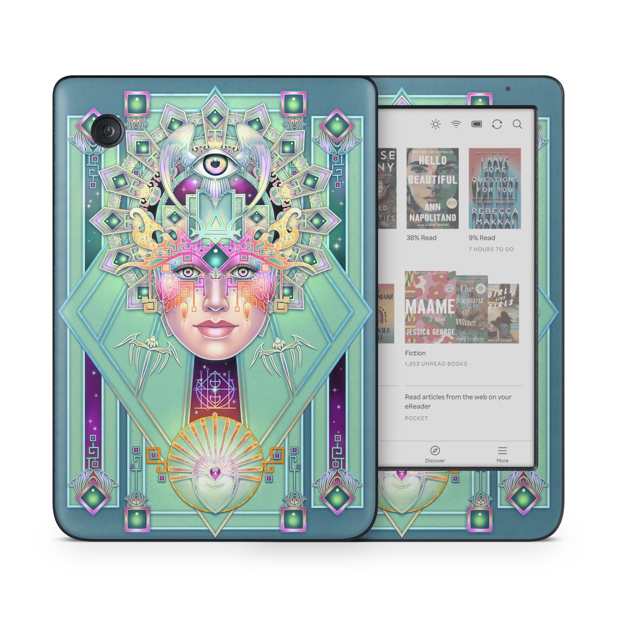 Kobo Clara Colour Skin design of Head, Eye, Eyelash, Font, Art, Magenta, Rectangle, Painting, Illustration, Pattern, with blue, green, yellow, red, purple, white colors
