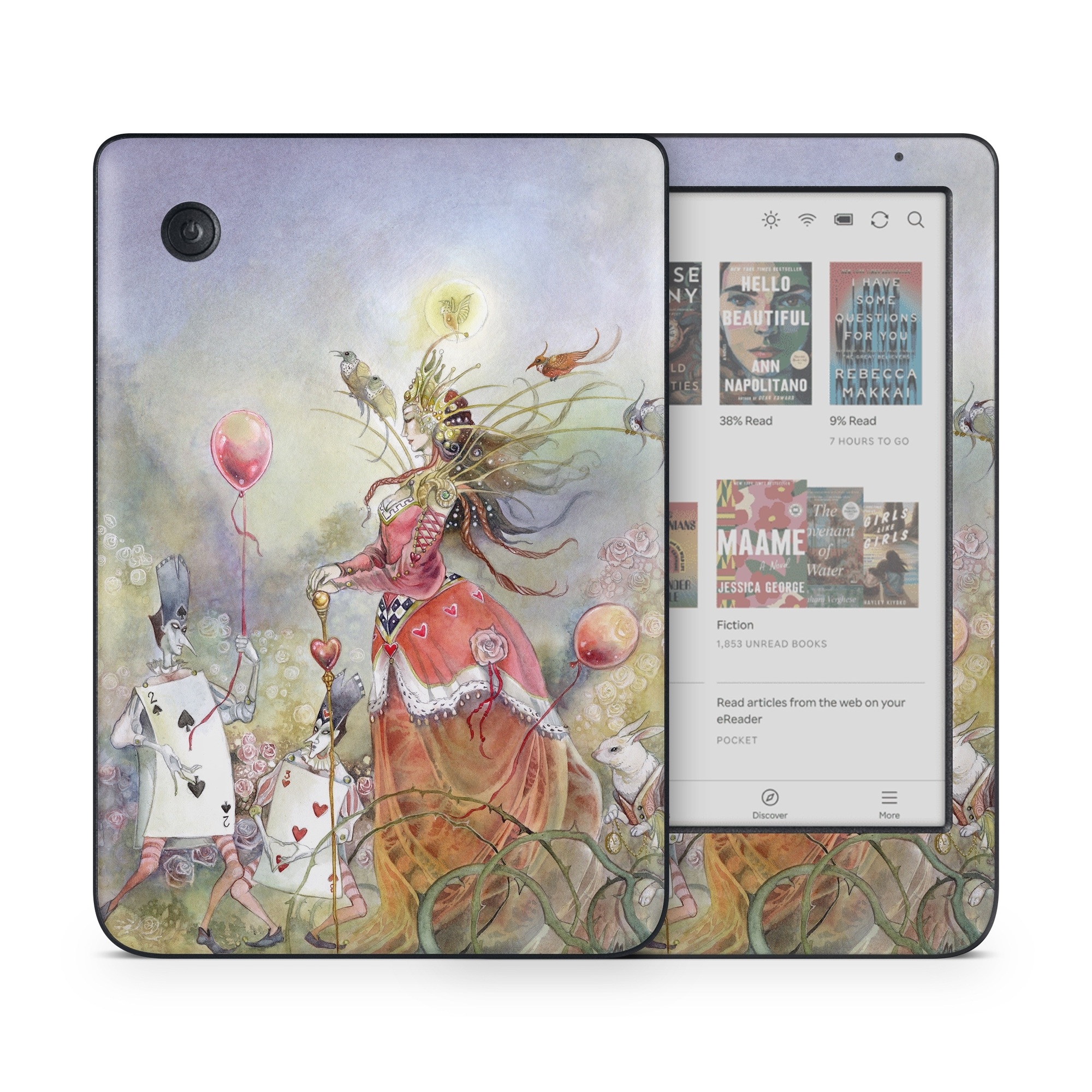 Kobo Clara Colour Skin design of Watercolor paint, Painting, Art, Illustration, Spring, Flower, Fictional character, Blossom, Plant, Visual arts, with red, pink, white, black, blue, yellow, green colors