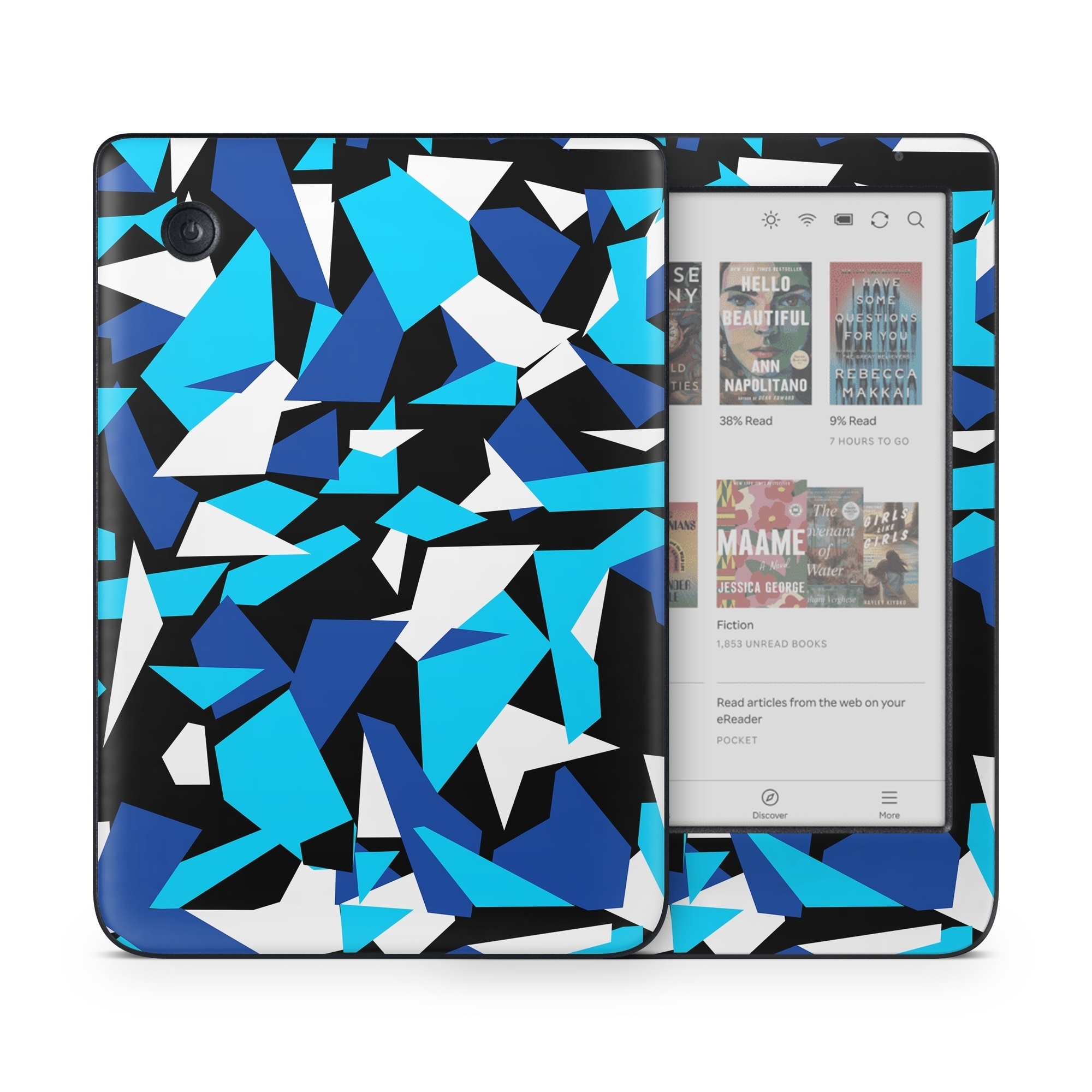 Kobo Clara Colour Skin design of Blue, Pattern, Turquoise, Cobalt blue, Teal, Design, Electric blue, Graphic design, Triangle, Font, with blue, white, black colors