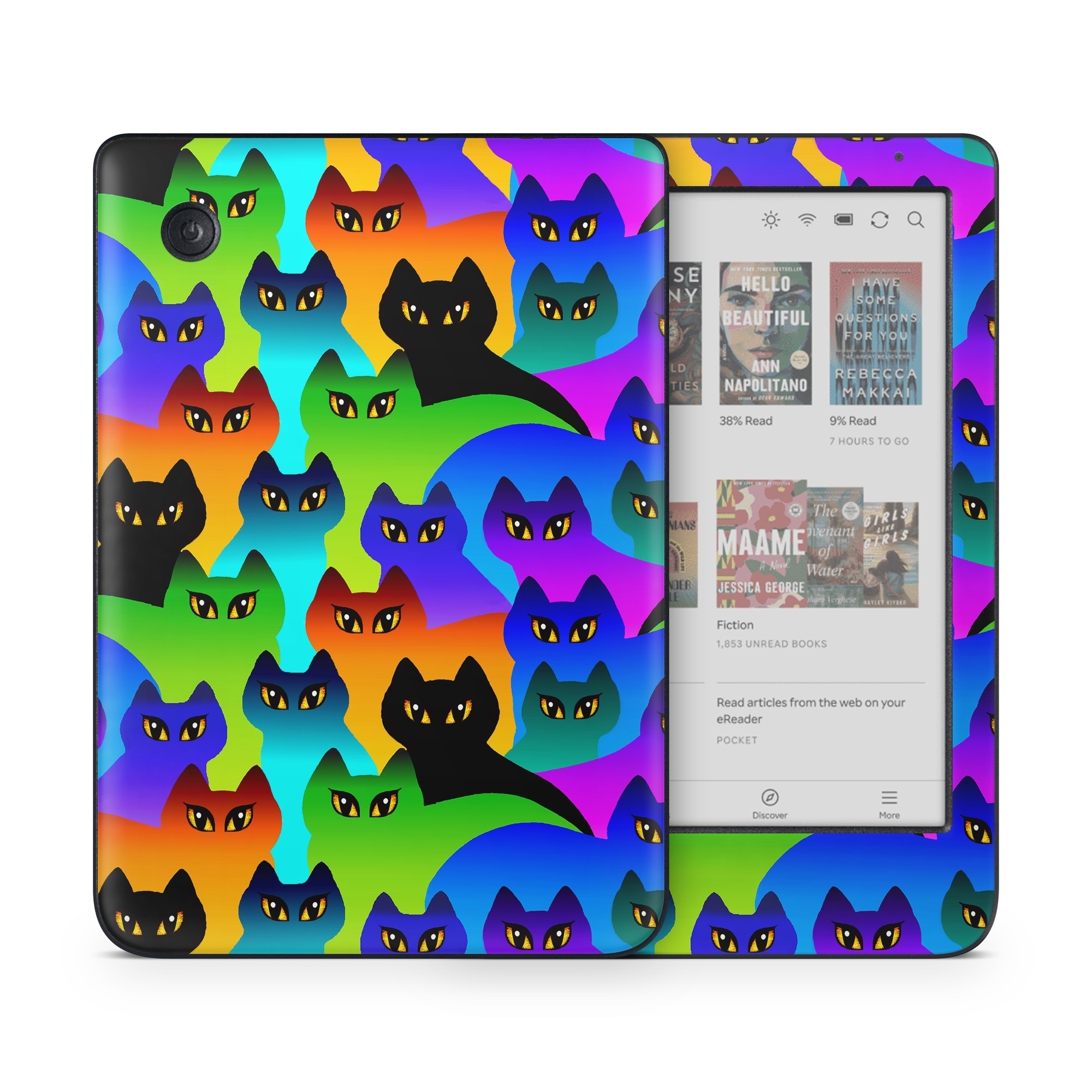 Kobo Clara Colour Skin design of Black cat, Purple, Cat, Small to medium-sized cats, Pattern, Design, Felidae, Illustration, Art, with black, blue, green, purple colors