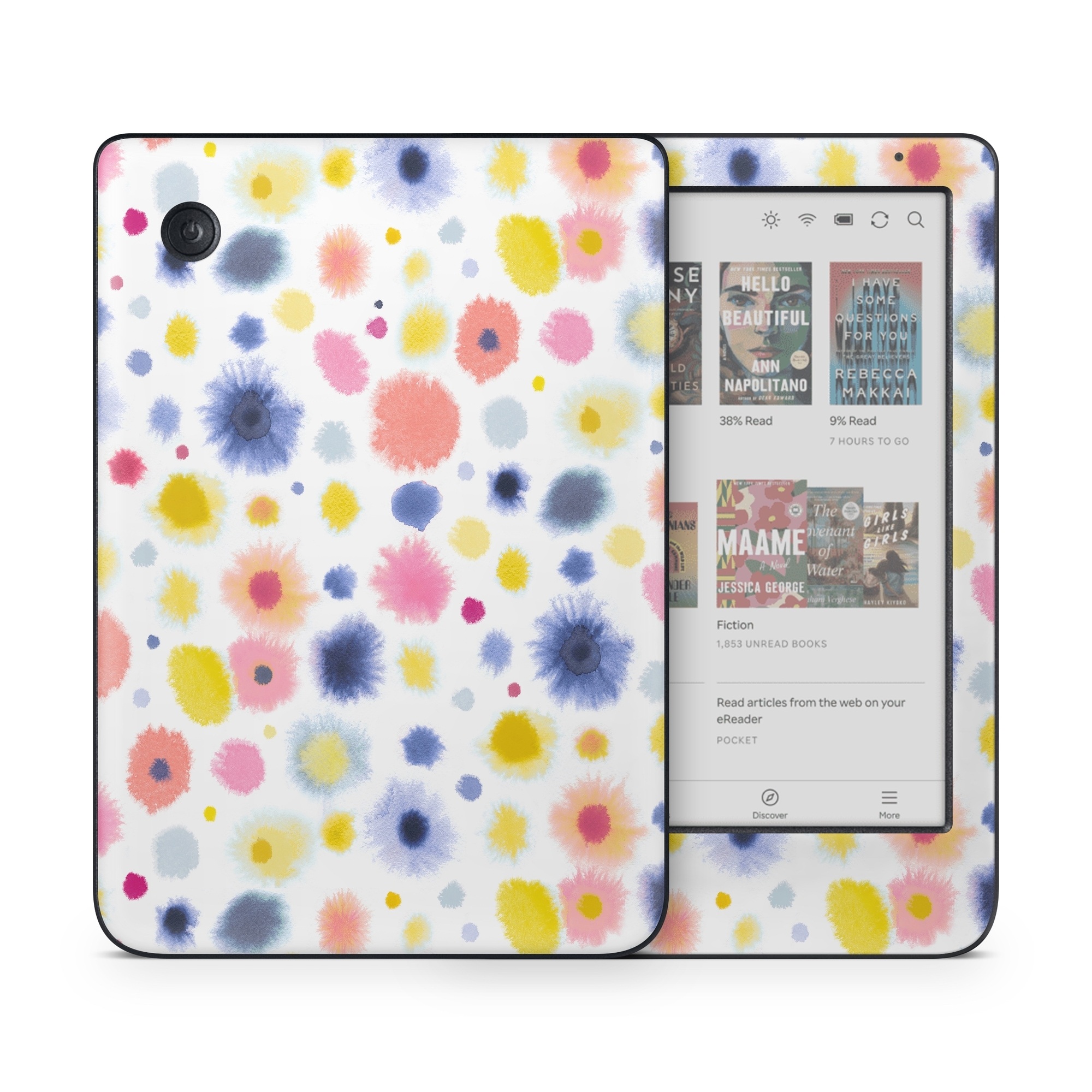 Kobo Clara Colour Skin design of Material property, Circle, Pattern, Design, Magenta, Electric blue, Font, Flowering plant, Painting, with white, pink, orange, blue, yellow, gray colors