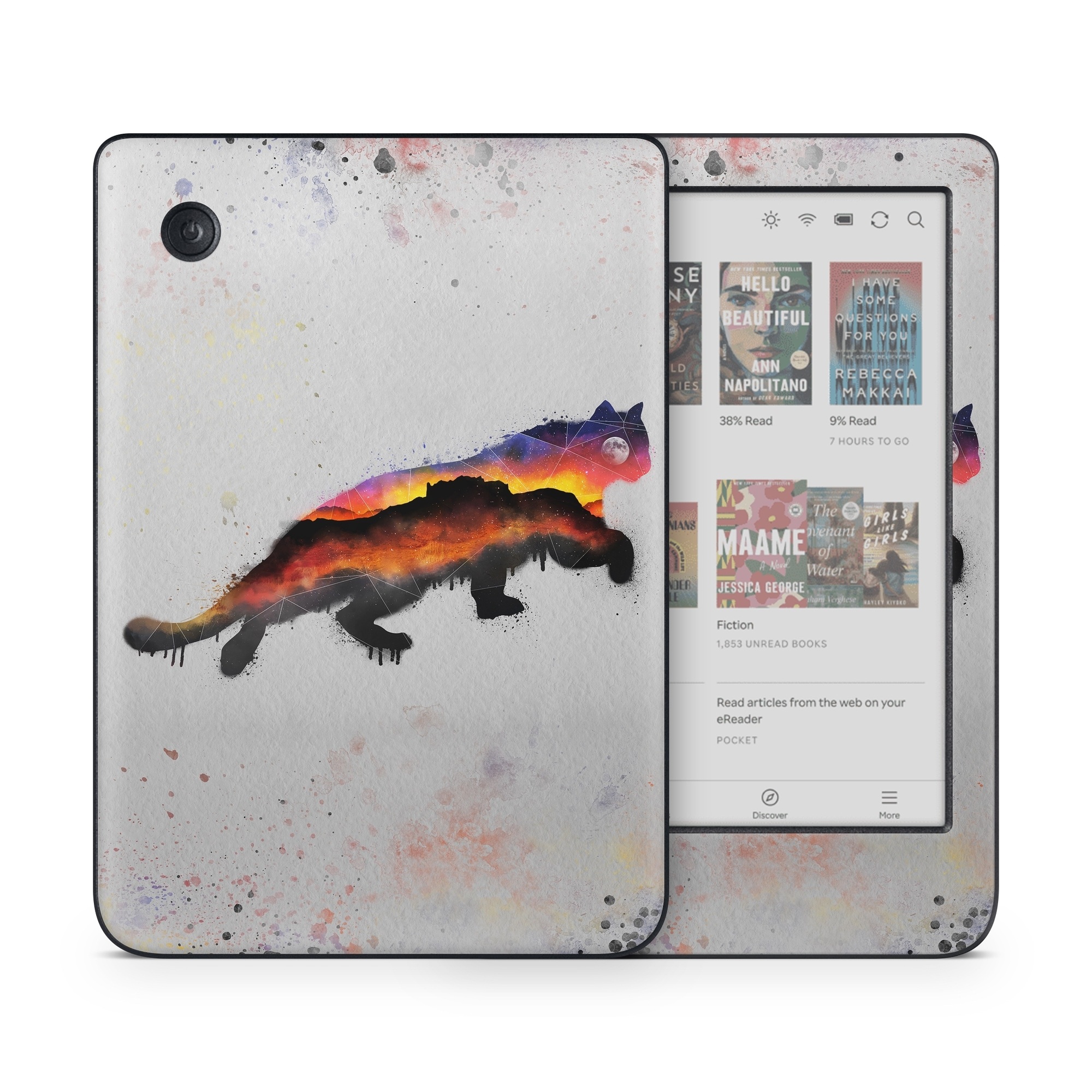 Kobo Clara Colour Skin design of Illustration, Watercolor paint, Art, Tail, Painting, Drawing, Acrylic paint, Geological phenomenon, Red fox, Paint, with gray, black, red, yellow, orange, white colors