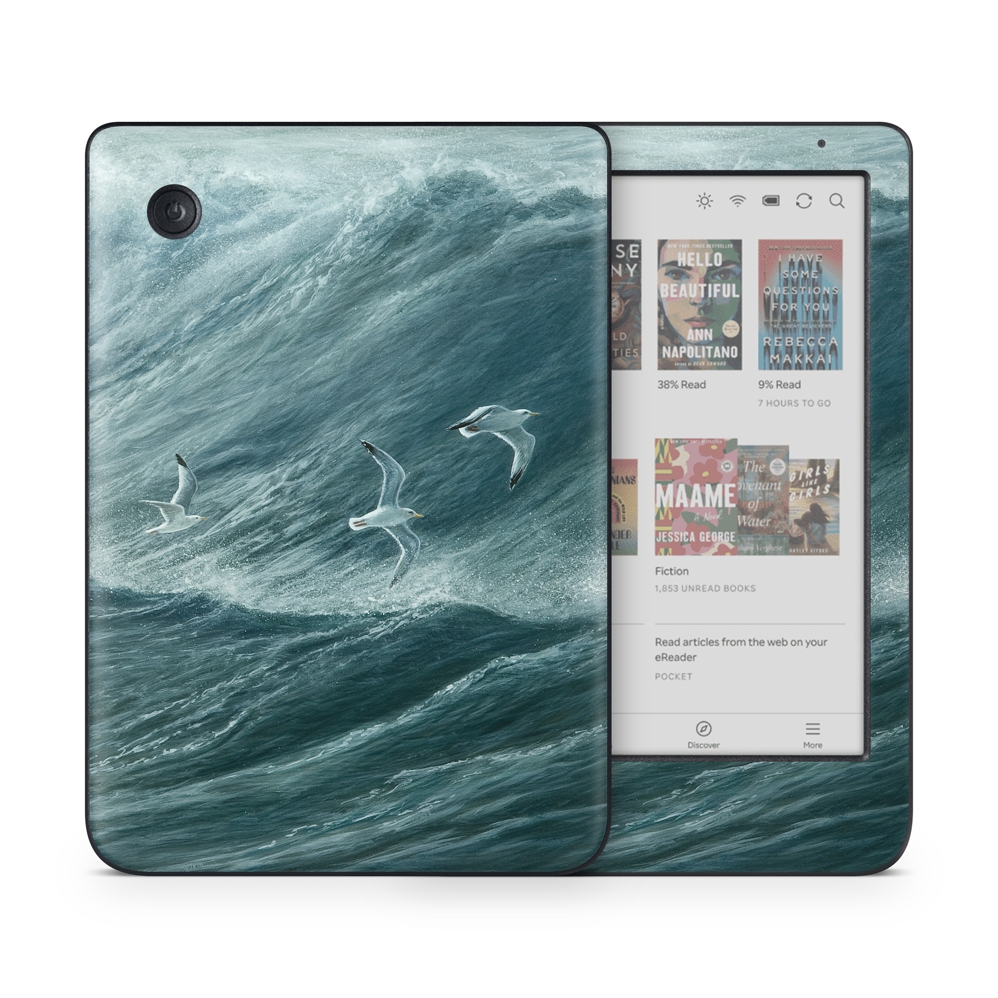 Kobo Clara Colour Skin design of Wave, Wind wave, Tide, Sea, Ocean, Water, Sky, Wind, Tsunami, Surfing, with blue, white colors