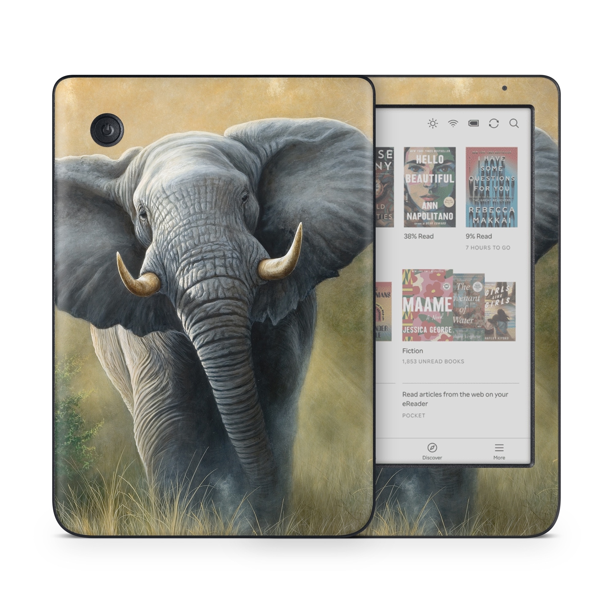 Kobo Clara Colour Skin design of Terrestrial animal, Elephants and Mammoths, Vertebrate, Wildlife, Mammal, African elephant, Indian elephant, Grassland, Working animal, Tusk, with gray, white, green, brown, yellow, orange colors