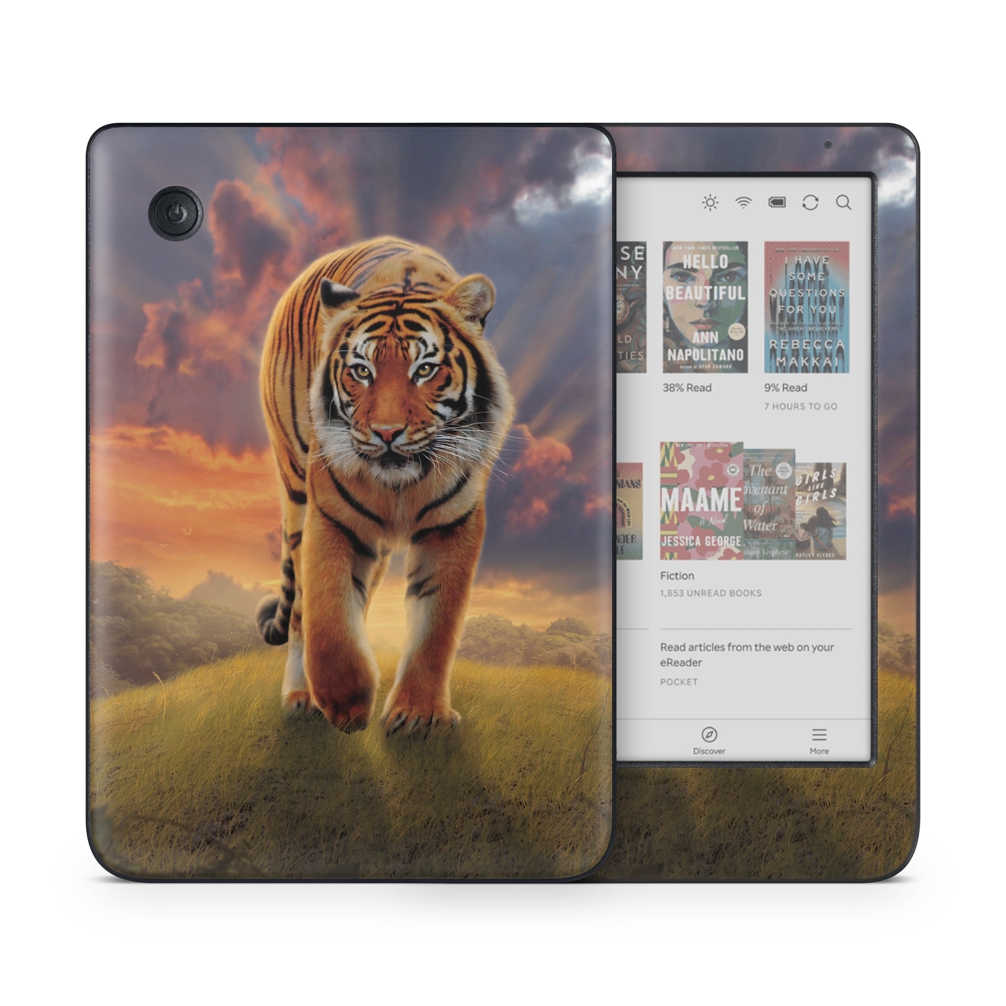Kobo Clara Colour Skin design of Tiger, Wildlife, Bengal tiger, Mammal, Felidae, Siberian tiger, Sky, Big cats, Terrestrial animal, Carnivore, with black, white, yellow, red, green, blue colors