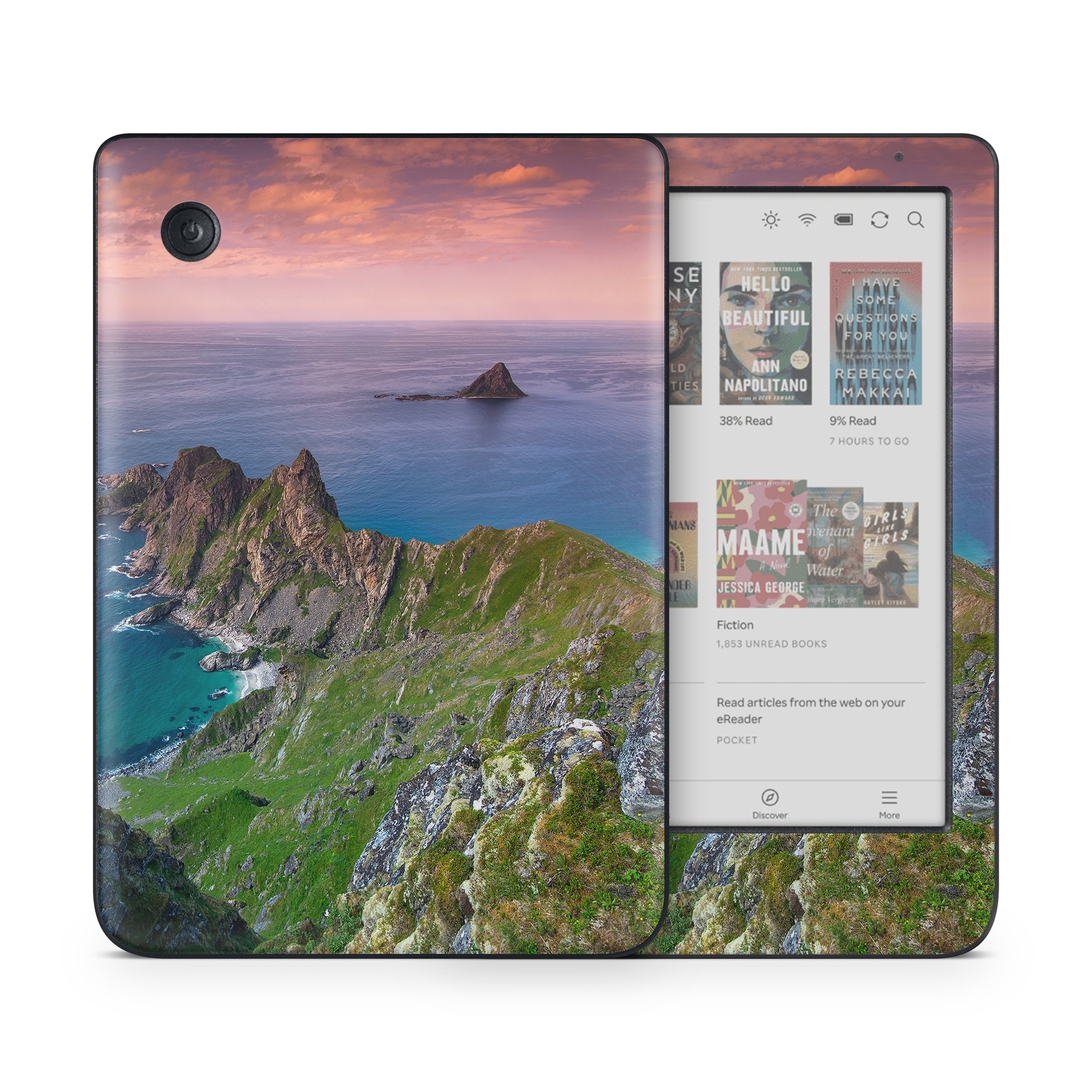 Kobo Clara Colour Skin design of Body of water, Nature, Sky, Coast, Sea, Headland, Natural landscape, Promontory, Coastal and oceanic landforms, Cliff, with red, orange, green, blue, yellow colors