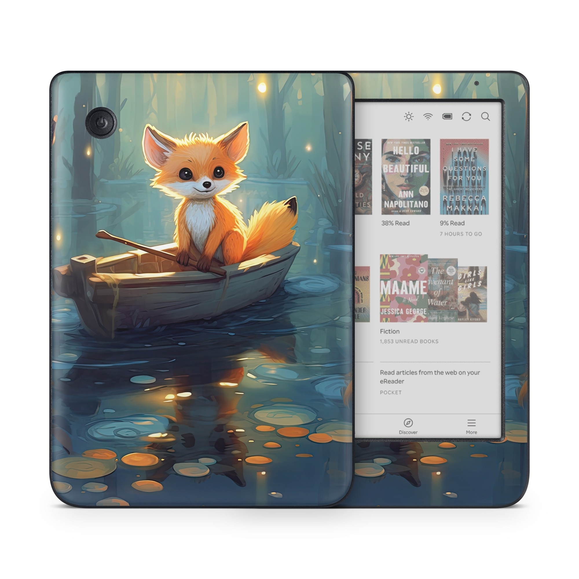 Kobo Clara Colour Skin design of Water, Boat, Light, Nature, Organism, Orange, Cartoon, Watercraft, Art, Plant, with blue, yellow, orange, white, black, gray, green, brown colors