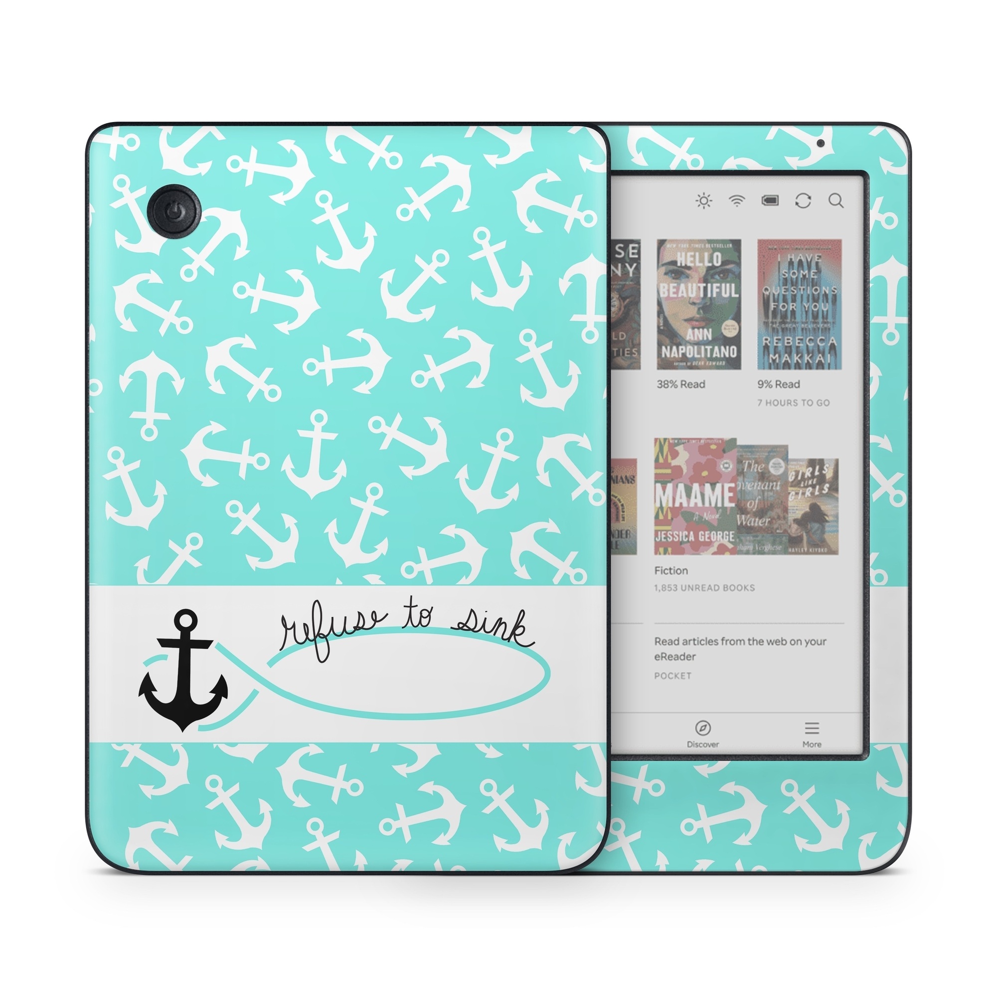Kobo Clara Colour Skin design of Text, Turquoise, Aqua, Font, Teal, Pattern, Line, Design, Illustration, with gray, white, blue, green colors