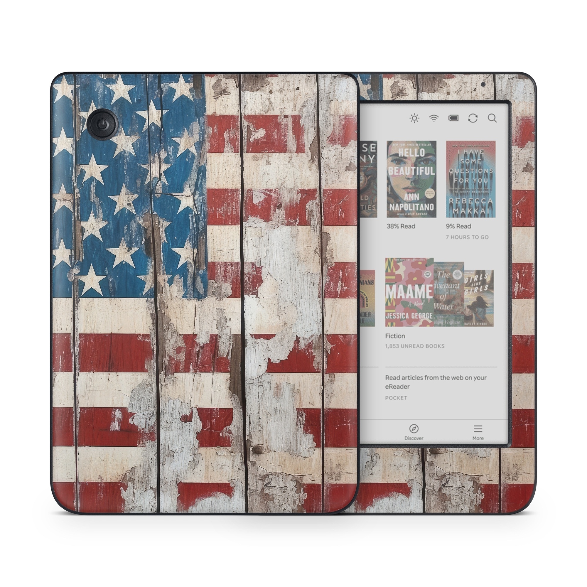 Kobo Clara Colour Skin design of Flag of the united states, World, Rectangle, Textile, Line, Wall, Flag, Symmetry, Tints and shades, Pattern, with red, blue, white, brown, gray, black colors