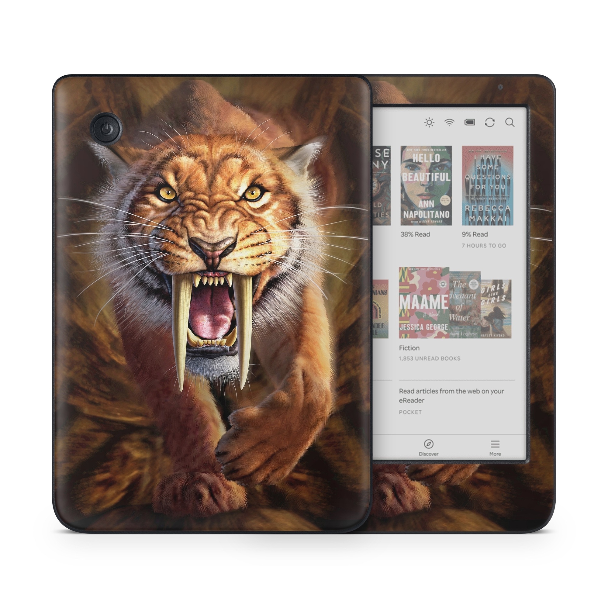 Kobo Clara Colour Skin design of Roar, Felidae, Facial expression, Wildlife, Whiskers, Bengal tiger, Carnivore, Snout, Big cats, Fang, with black, orange, yellow, white colors