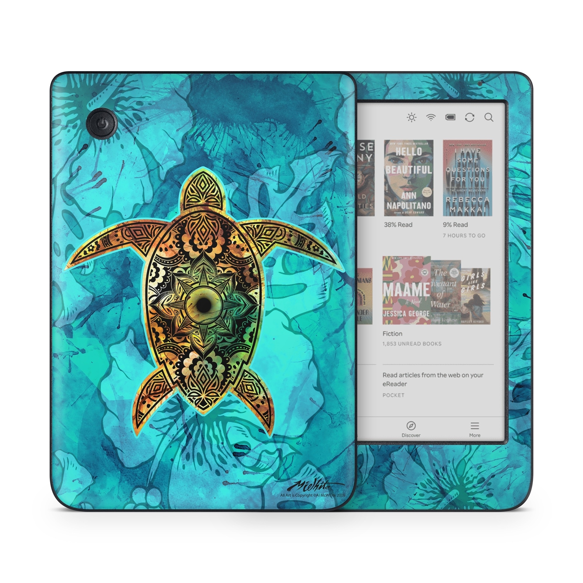 Kobo Clara Colour Skin design of Sea turtle, Green sea turtle, Turtle, Hawksbill sea turtle, Tortoise, Reptile, Loggerhead sea turtle, Illustration, Art, Pattern, with blue, black, green, gray, red colors