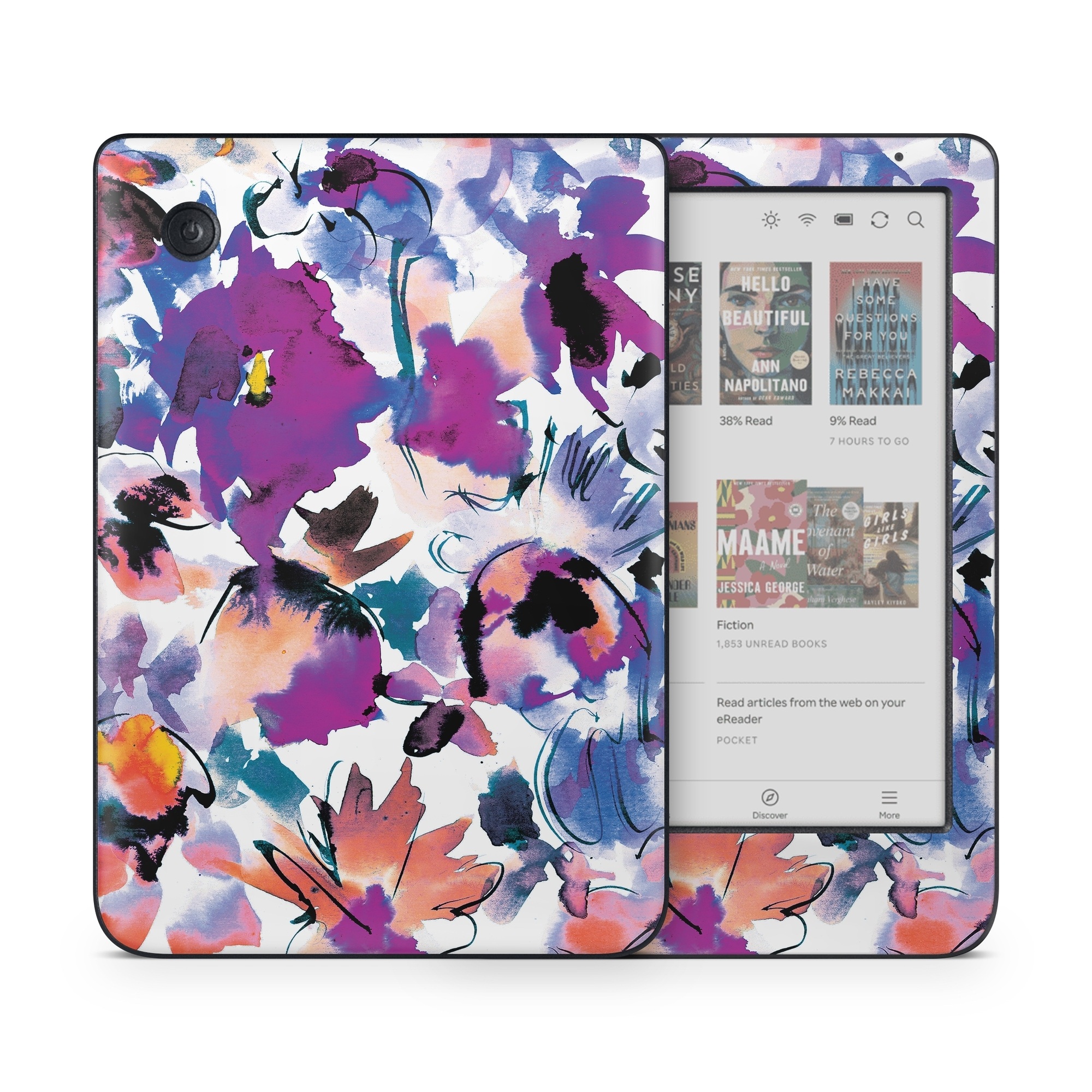 Kobo Clara Colour Skin design of Product, Purple, Illustration, Graphic design, Plant, Clip art, Flower, Graphics, Wildflower, Watercolor paint, with white, purple, pink, yellow, blue, black colors