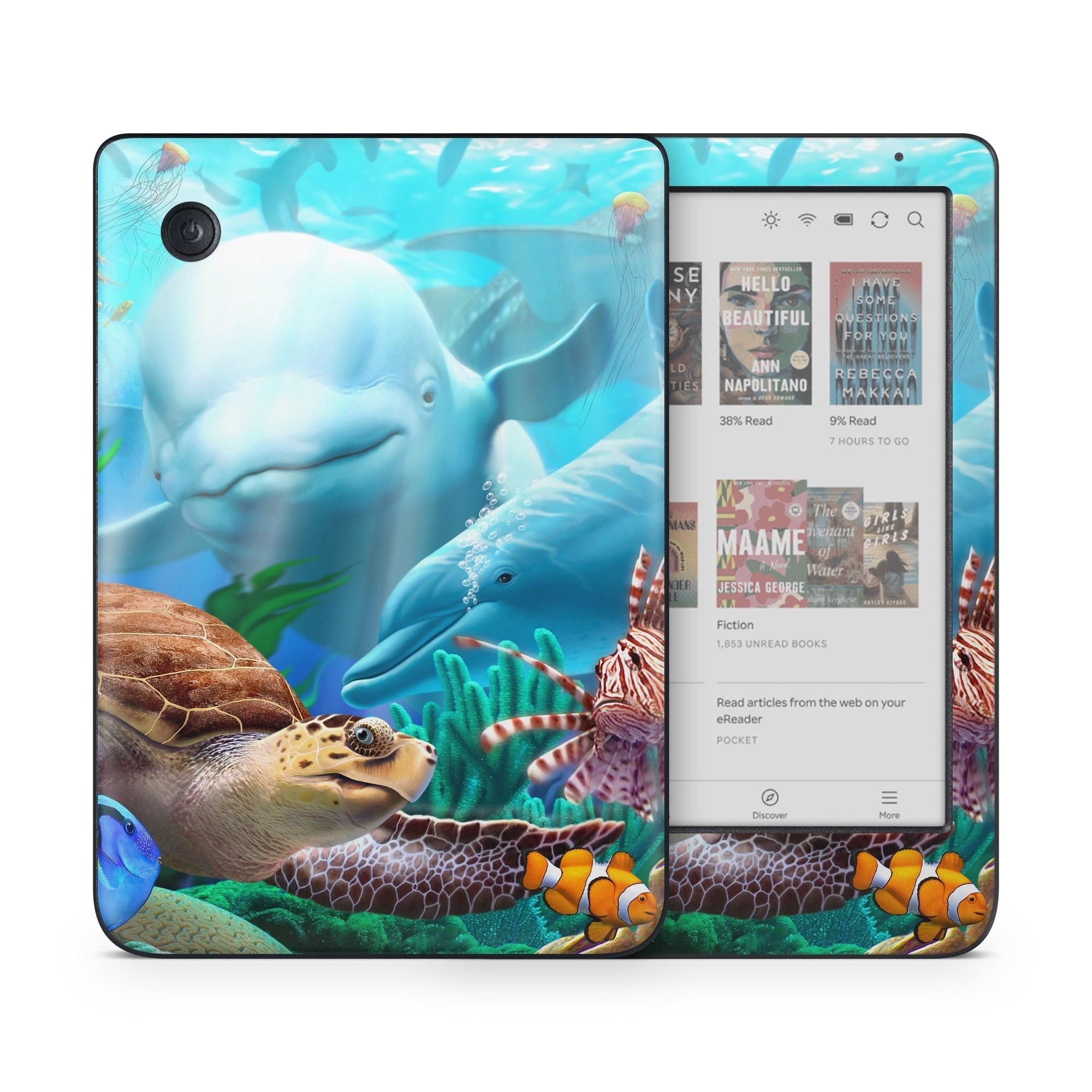 Kobo Clara Colour Skin design of Green, Blue, Azure, Natural environment, Underwater, Organism, Mammal, Art, Marine biology, Aqua, with blue, green, red, white, brown, yellow, orange, blue colors