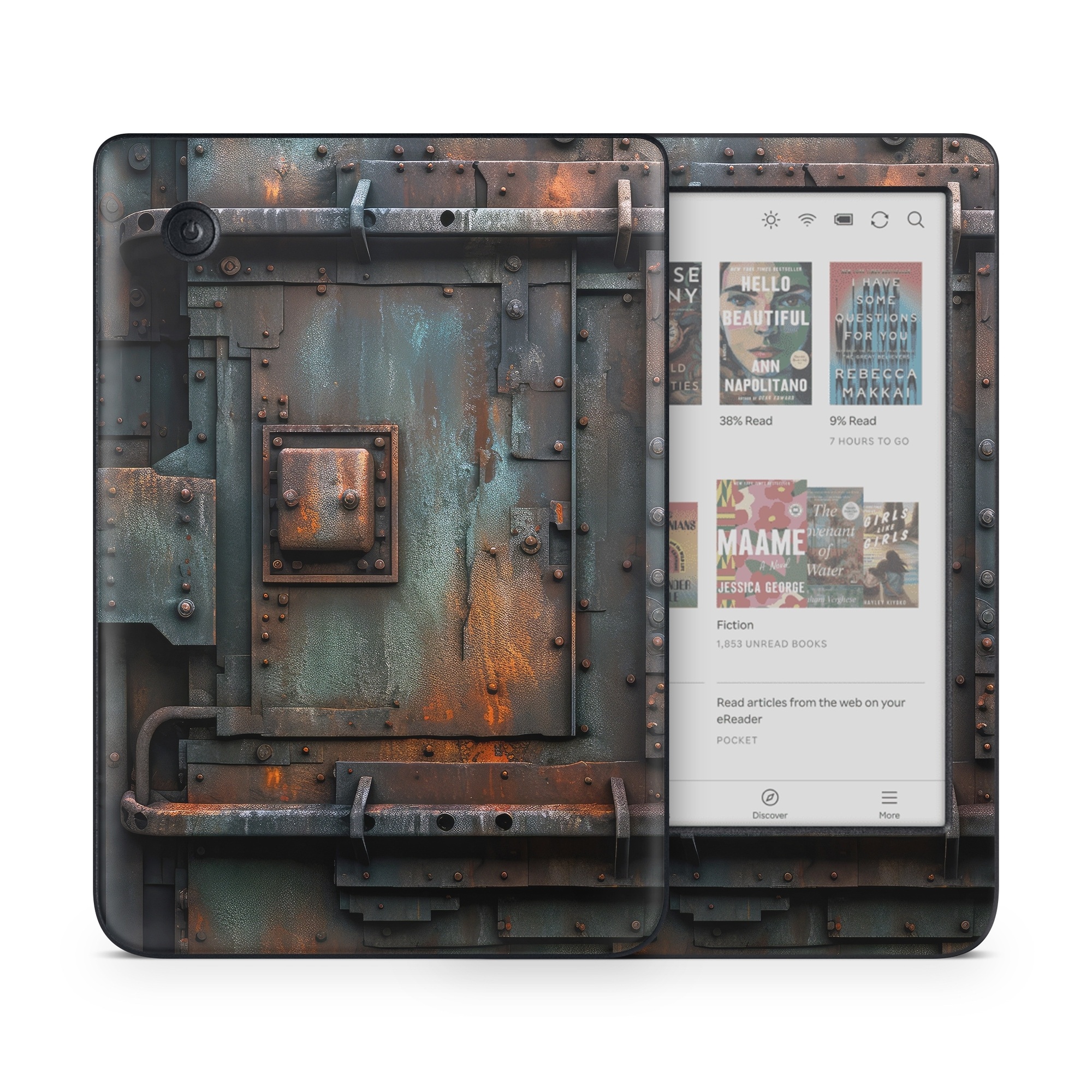 Kobo Clara Colour Skin design of Wood, Train, Wheel, Motor vehicle, Mode of transport, Rolling, Automotive lighting, Rolling stock, freight car, Gas, with black, brown, gray, white, orange colors