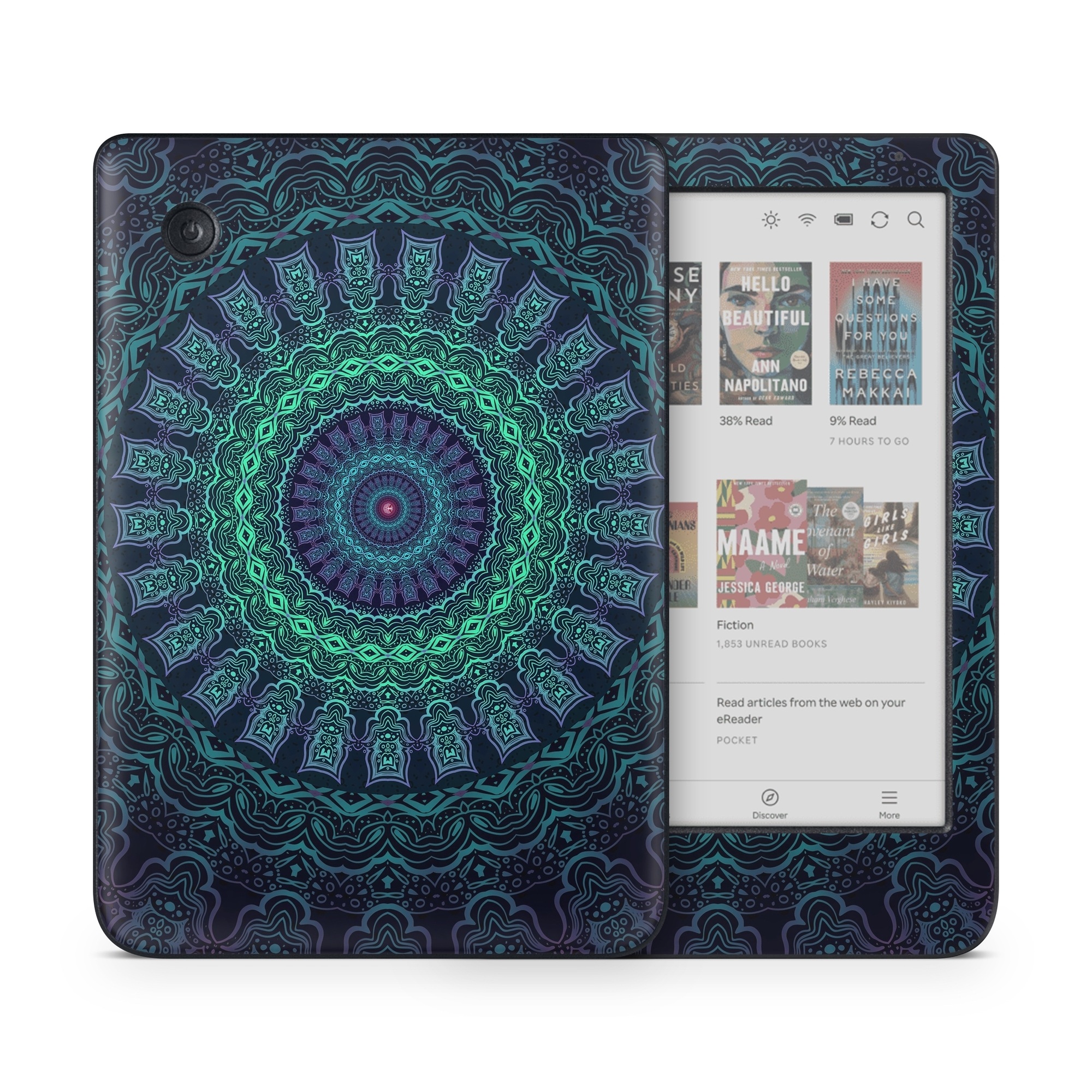 Kobo Clara Colour Skin design of Colorfulness, Blue, Green, Pattern, Teal, Turquoise, Art, Electric Blue, Aqua, Circle, Majorelle Blue, Visual Arts, Fractal Art, Design, Symmetry, Psychedelic Art, Graphics, Kaleidoscope, Motif, with black, green, red colors