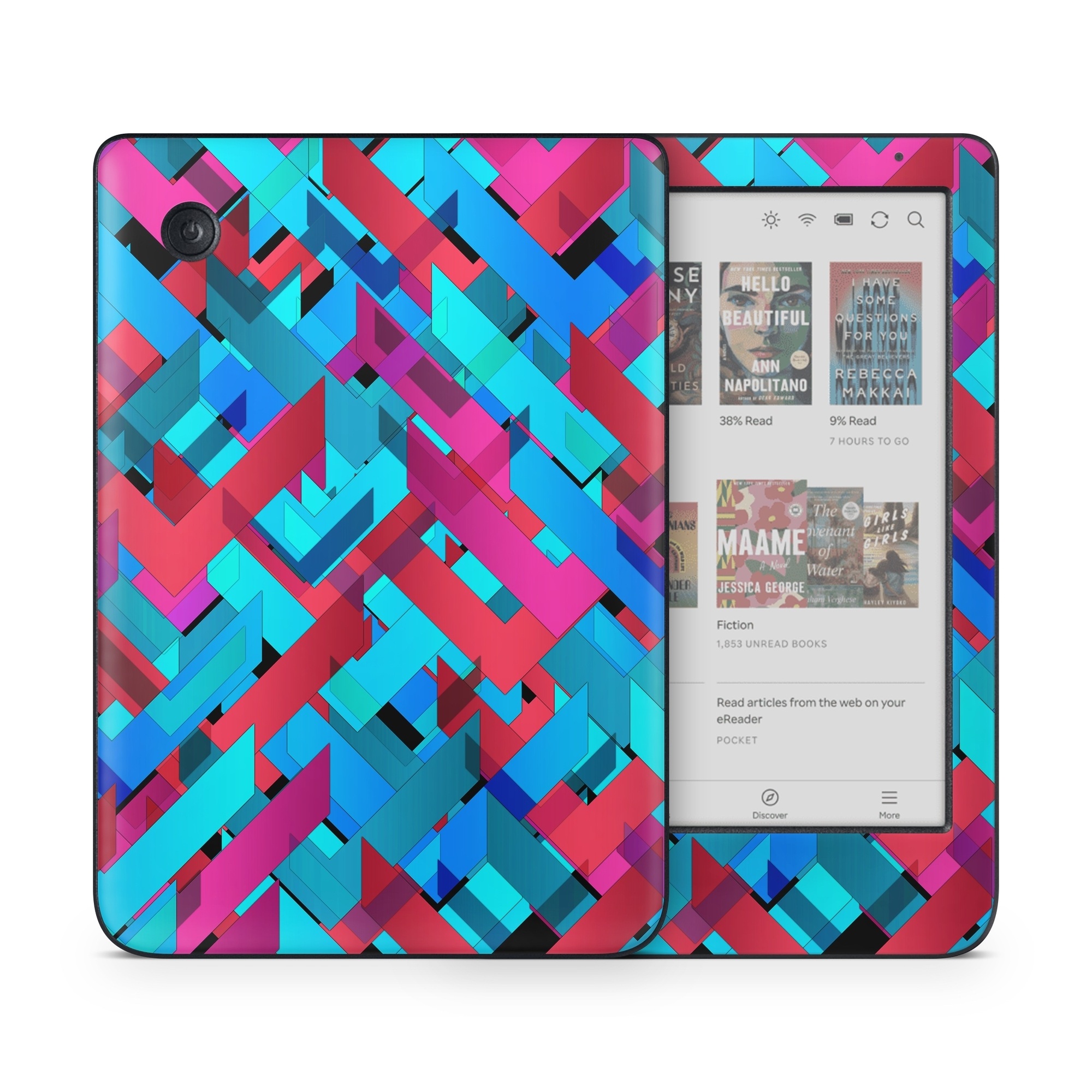 Kobo Clara Colour Skin design of Pattern, Turquoise, Line, Teal, Magenta, Design, Textile, Symmetry, Colorfulness, with blue, red, purple, black colors