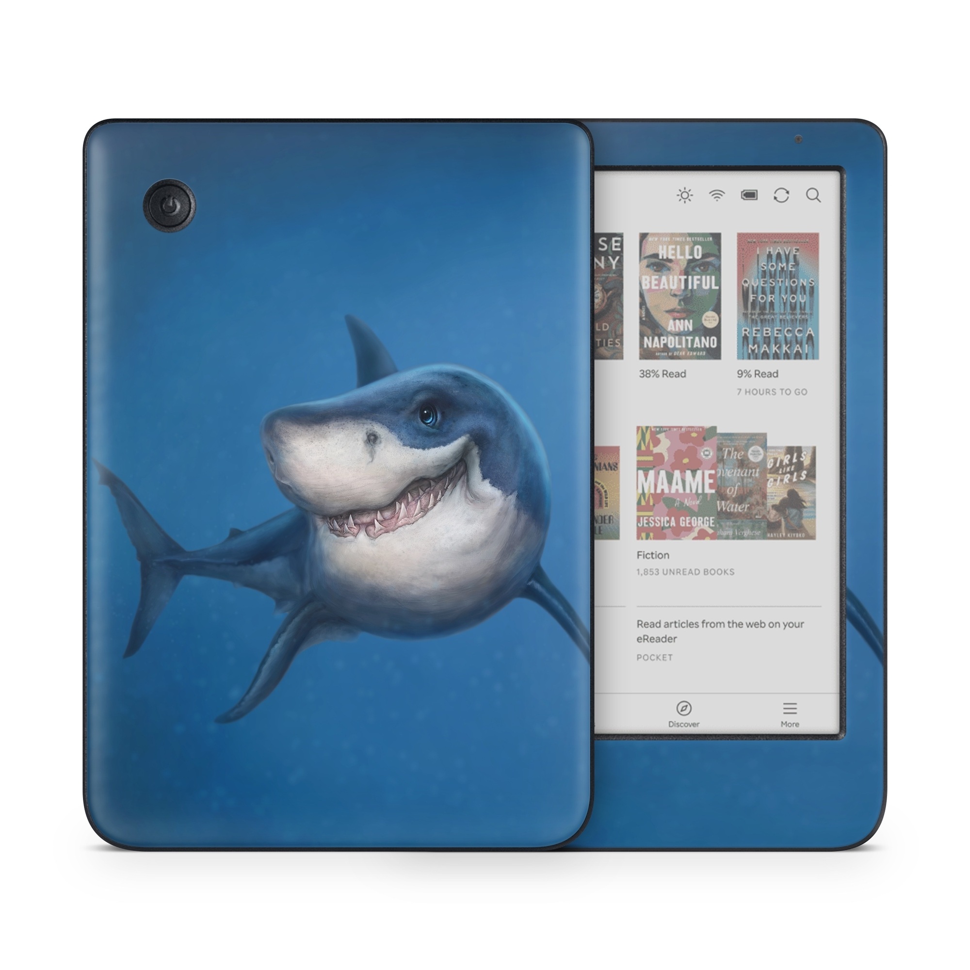 Kobo Clara Colour Skin design of Fish, Great white shark, Shark, Tiger shark, Cartilaginous fish, Requiem shark, Lamniformes, Bull shark, Carcharhiniformes, with black, blue, gray colors
