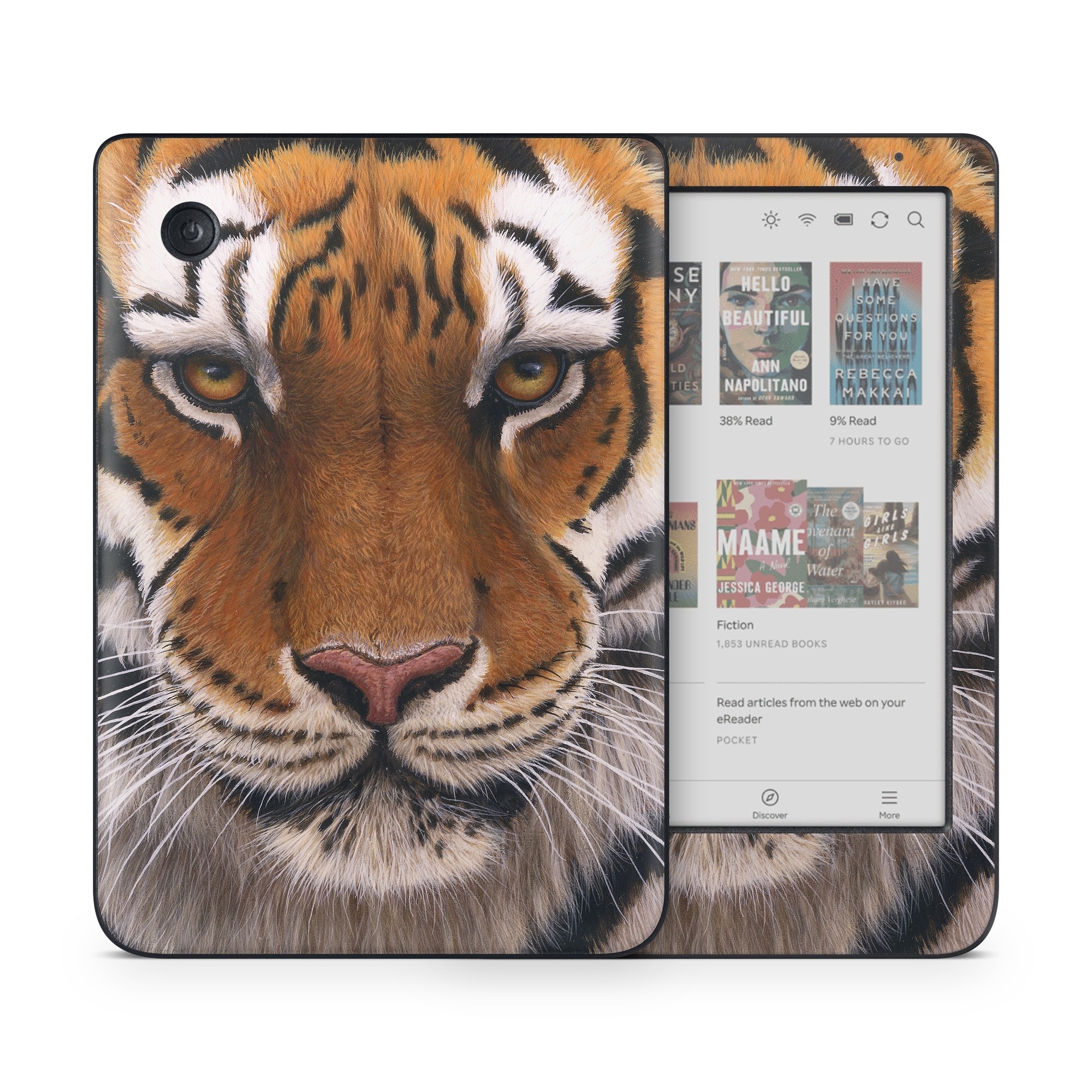 Kobo Clara Colour Skin design of Tiger, Mammal, Wildlife, Terrestrial animal, Vertebrate, Bengal tiger, Whiskers, Siberian tiger, Felidae, Snout, with black, gray, red, green, pink colors