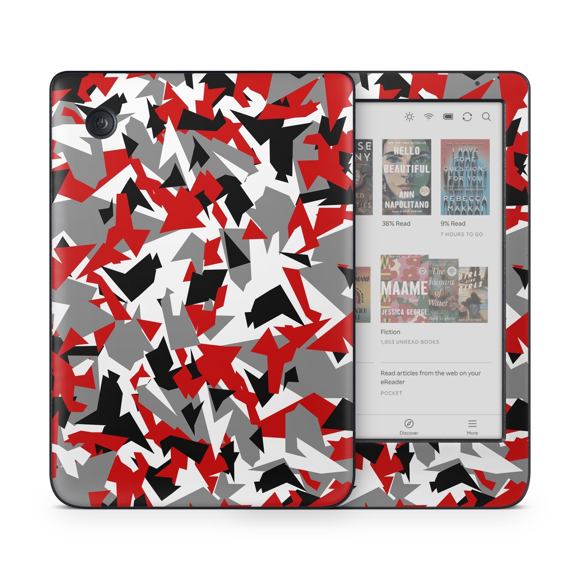 Kobo Clara Colour Skin design of Red, Pattern, Font, Design, Textile, Carmine, Illustration, Flag, Crowd, with red, white, black, gray colors
