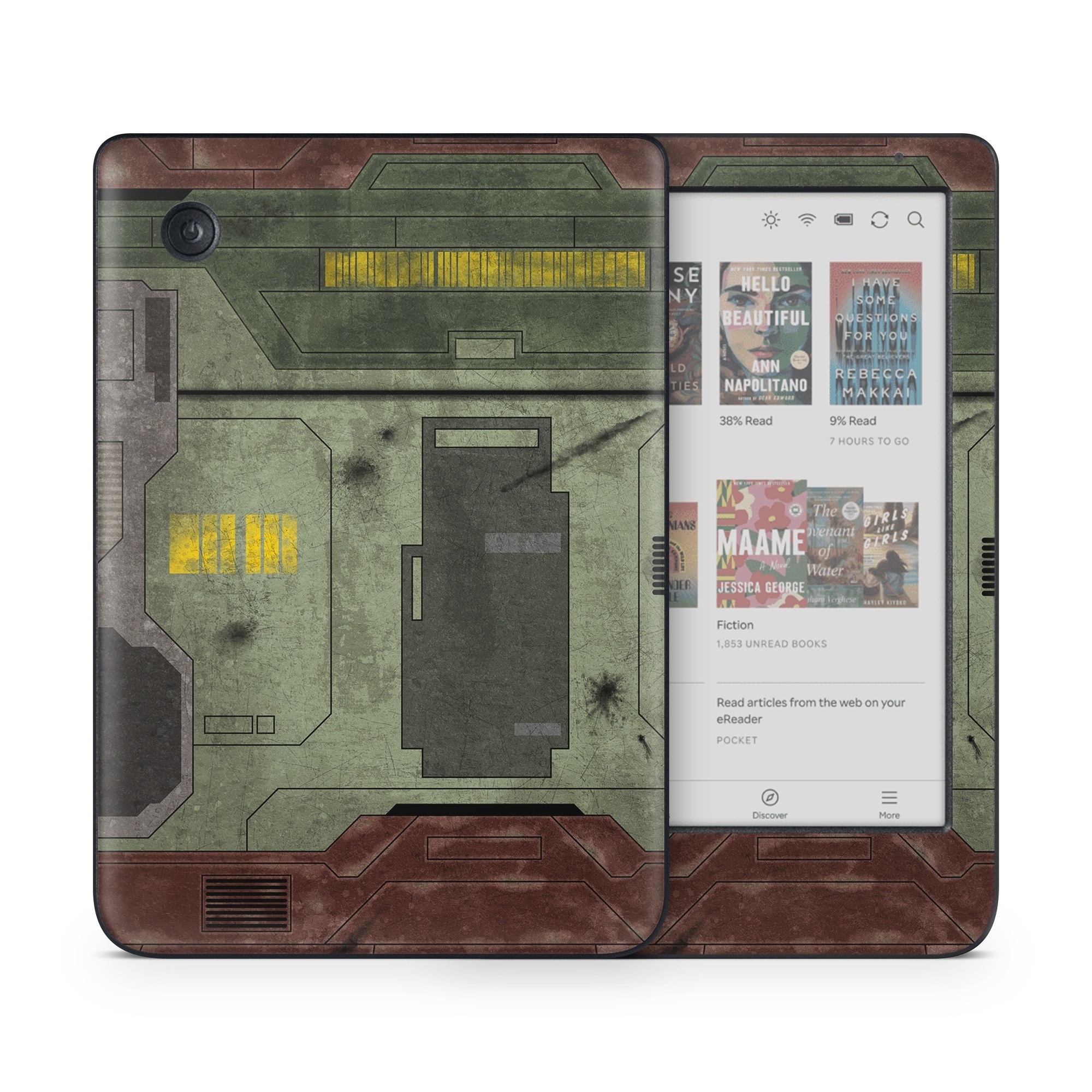 Kobo Clara Colour Skin design of Rectangle, Screenshot, Font, Wood, Pattern, Symmetry, Machine, Gas, Parallel, Engineering, with red, green, yellow, black, gray, white colors