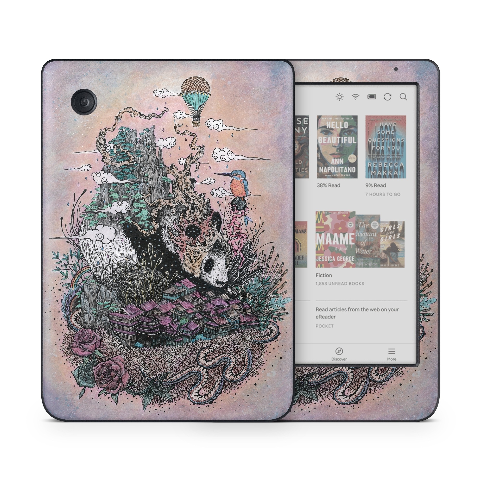 Kobo Clara Colour Skin design of Illustration, Art, Fictional character, Printmaking, Marsupial, Graphic design, Rodent, Possum, with gray, black, red, blue, purple colors