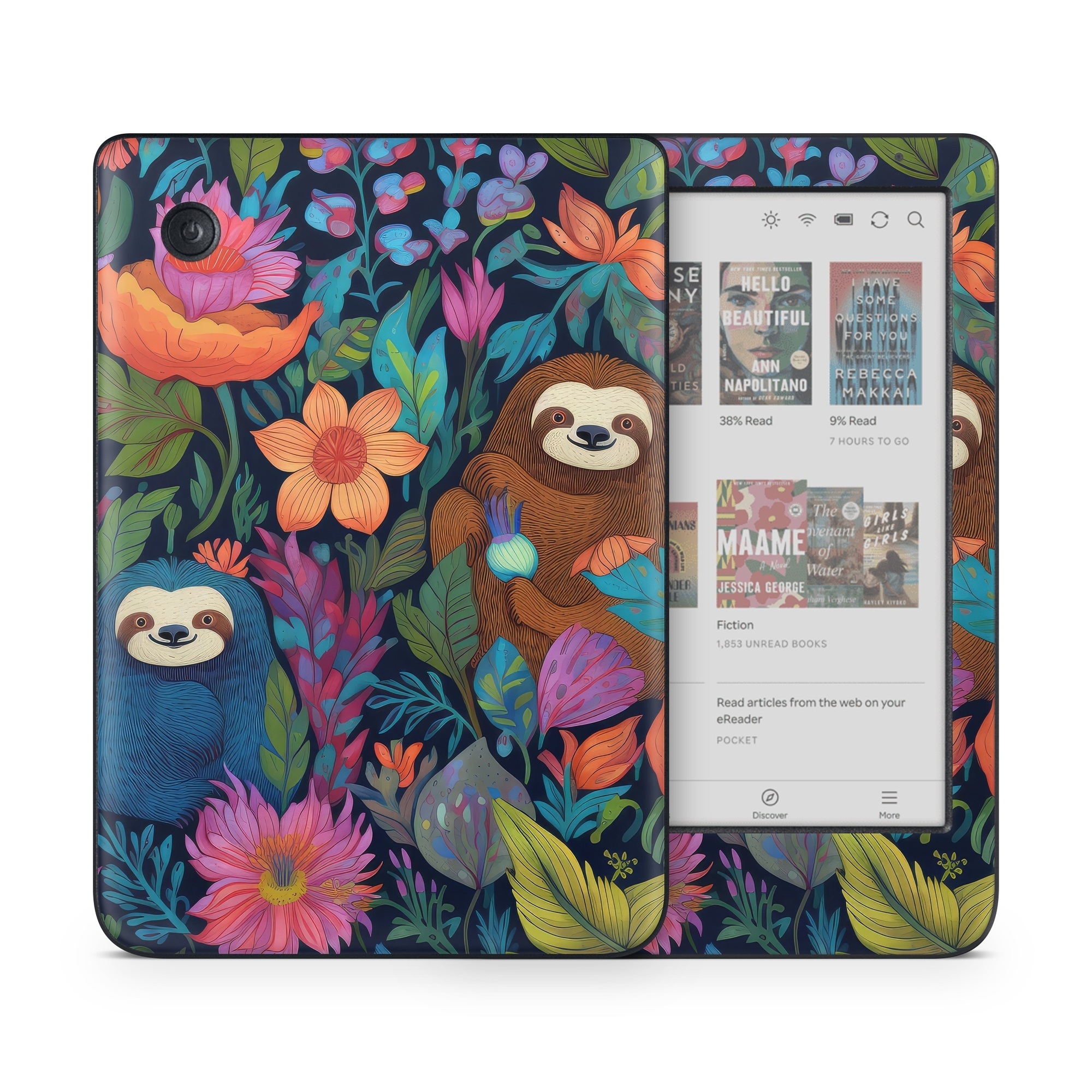 Kobo Clara Colour Skin design of Flower, Plant, Vertebrate, Botany, Textile, Petal, Mammal, Painting, Creative arts, Grass, with black, brown, blue, white, orange, yellow, red, pink, green colors