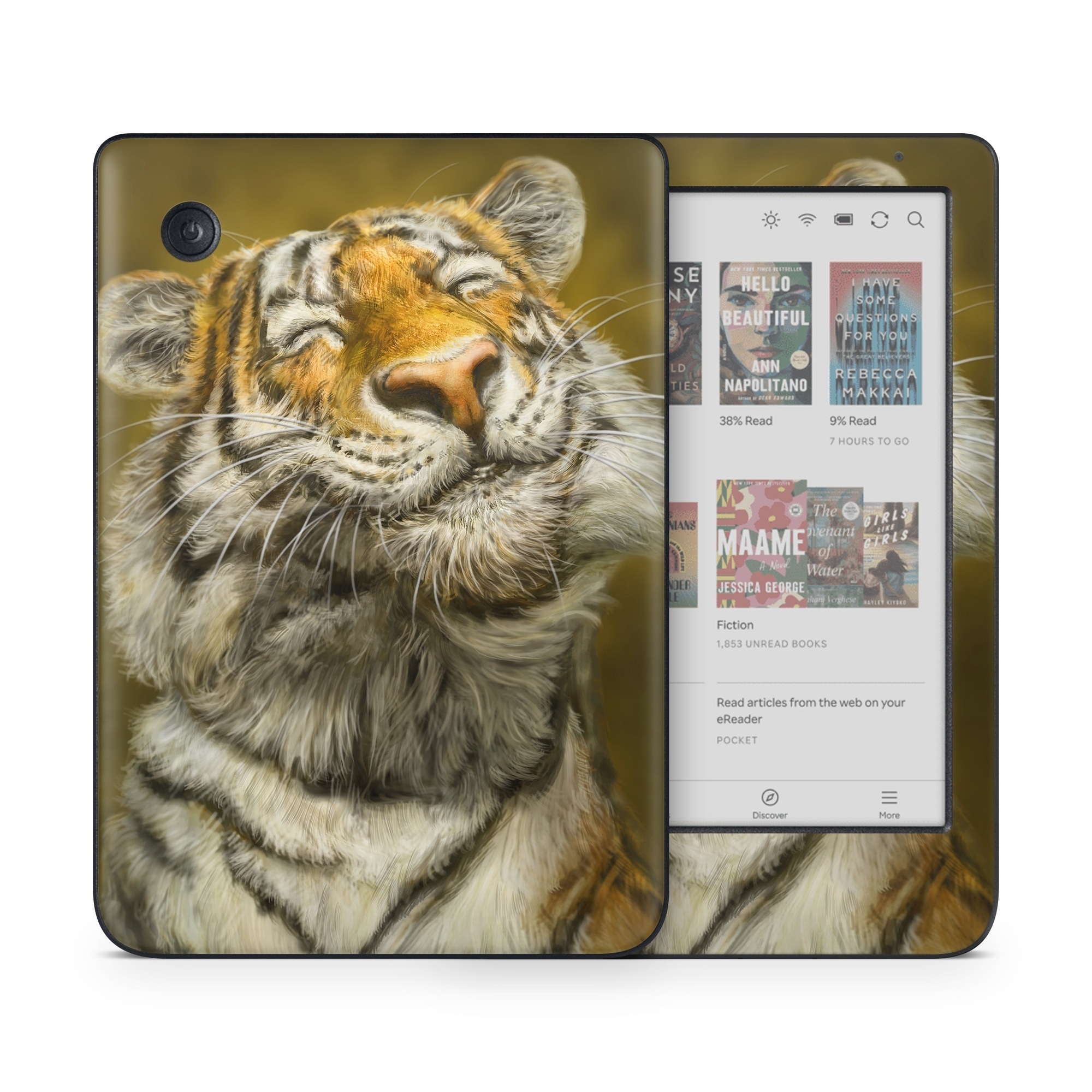 Kobo Clara Colour Skin design of Tiger, Vertebrate, Bengal tiger, Mammal, Wildlife, Siberian tiger, Terrestrial animal, Felidae, Snout, Whiskers, with black, white, orange, yellow colors