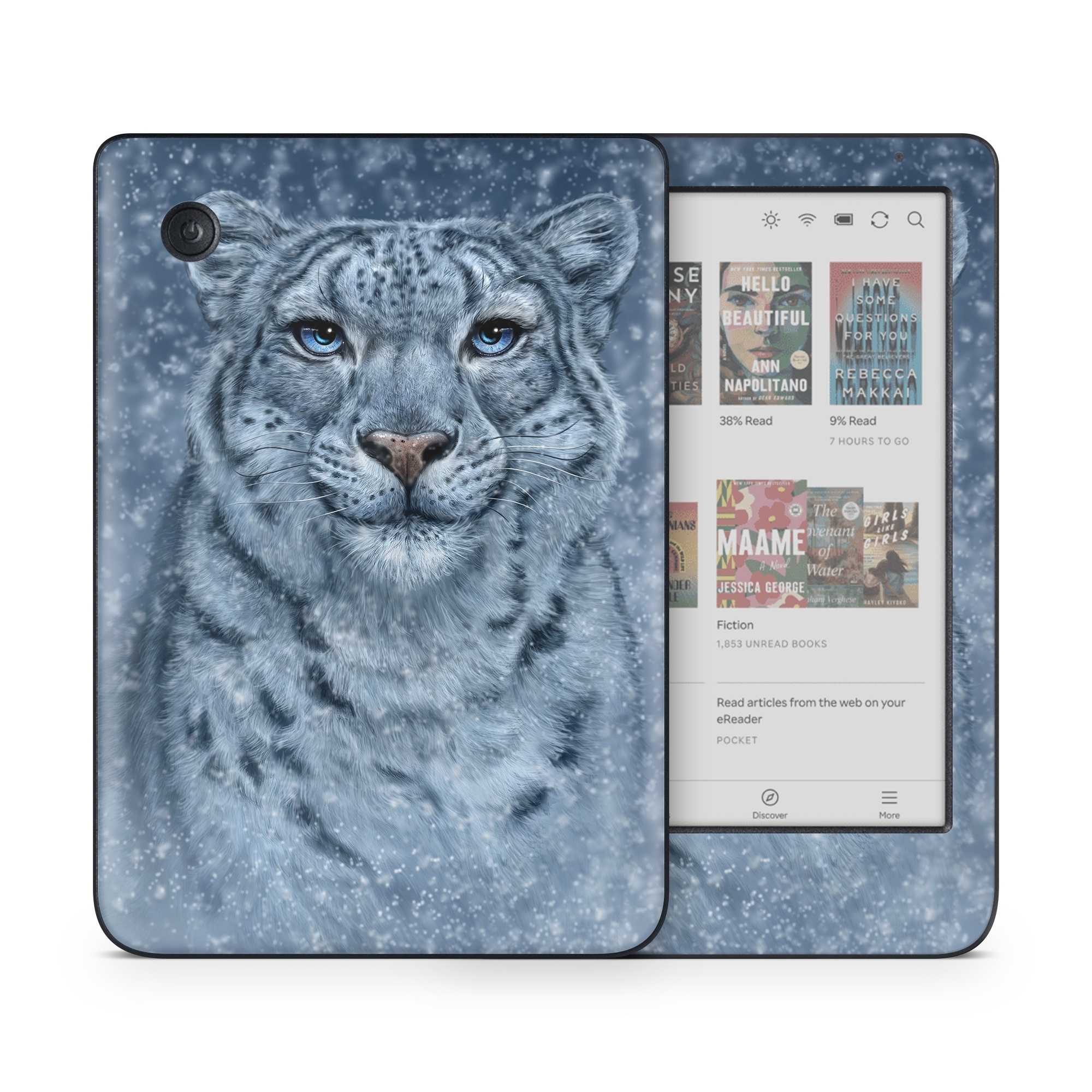 Kobo Clara Colour Skin design of Snow, Carnivore, Felidae, Whiskers, Terrestrial animal, Snout, Big cats, Painting, Fur, Illustration, with white, black, blue, gray colors