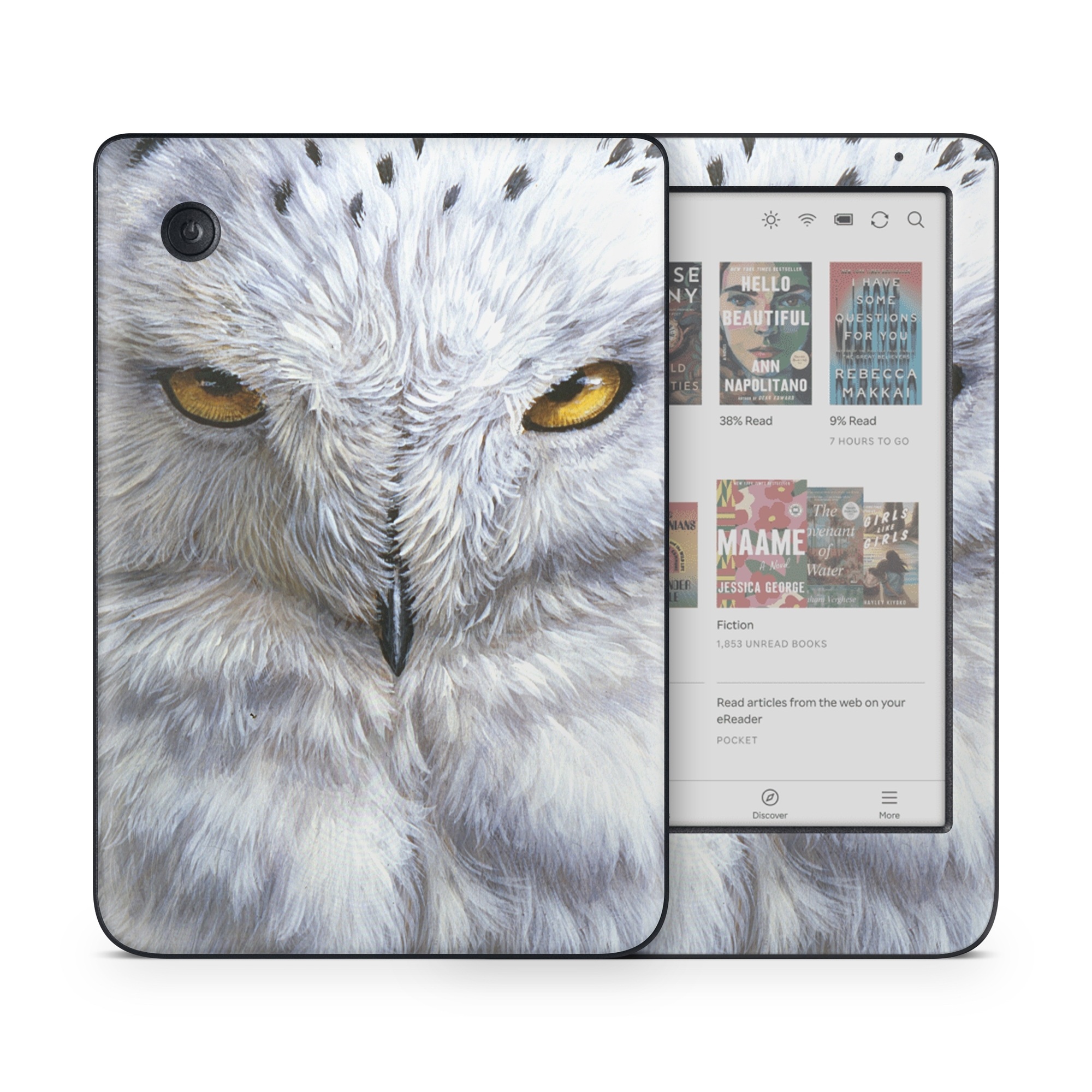 Kobo Clara Colour Skin design of Owl, Bird, Bird of prey, Snowy owl, great grey owl, Close-up, Eye, Snout, Wildlife, Eastern Screech owl, with gray, white, black, blue, purple colors